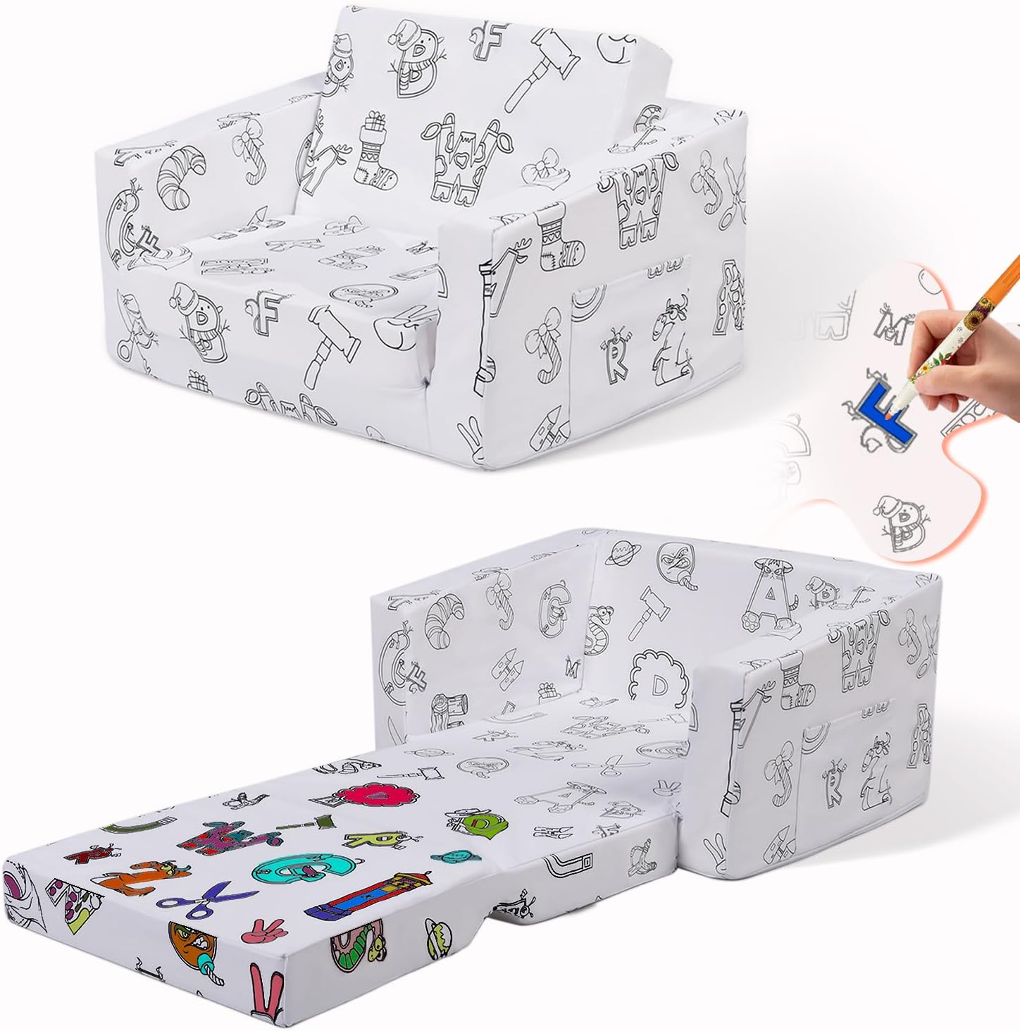 2-in-1 Toddler Sofa & Bed - Educational Coloring Kids Couch for Playroom, Lounge Seat for Boys & Girls (ABC)