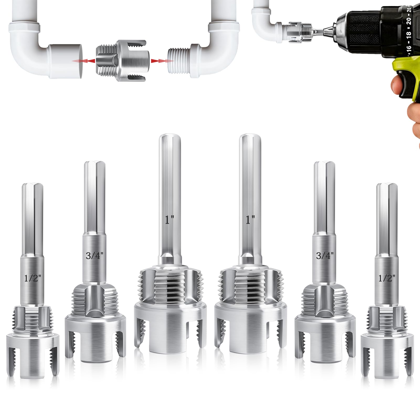 Enfile-tuyaux NPT acier carbone lot de 6 tarauds filières PVC pour perceuse