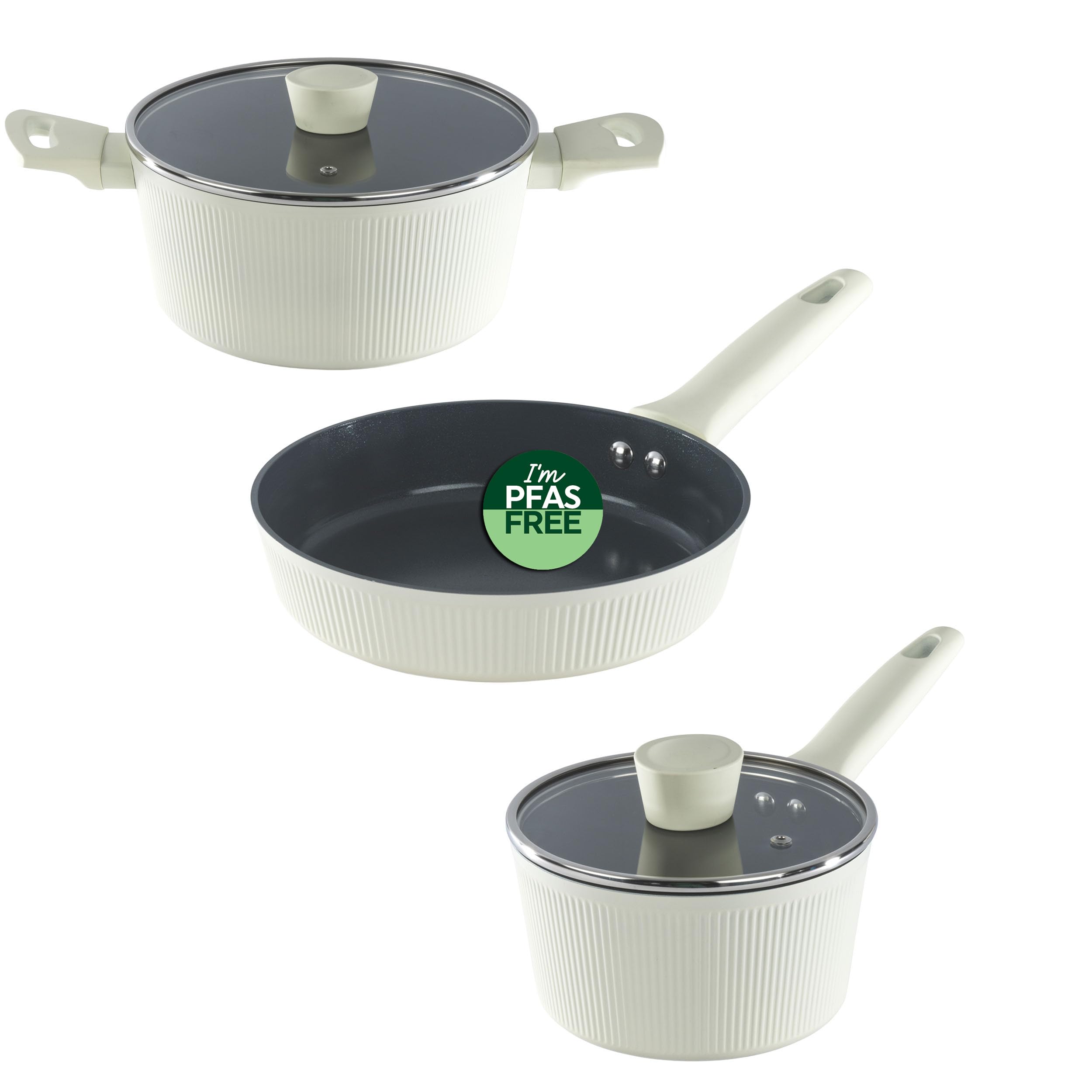 Russell Hobbs Cream Côte Ceramic Pan Set – 24Cm Stockpot With Lid, 20Cm Frying Pan & 16Cm Saucepan, Pfas-Free Non-Stick, Forged Aluminium, Soft-Touch Handles, Induction Compatible,