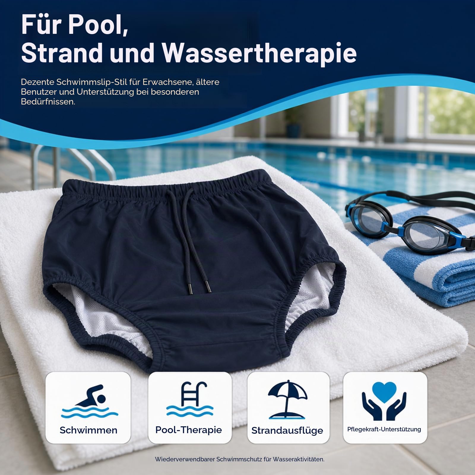 AQX Wiederverwendbare Schwimmwindeln für Erwachsene, spezielle Bedürfnisse, waschbare Stoffwindeln auslaufsicher, Schwimmwindeln für Inkontinenzschutz Unisex (S, Blau)