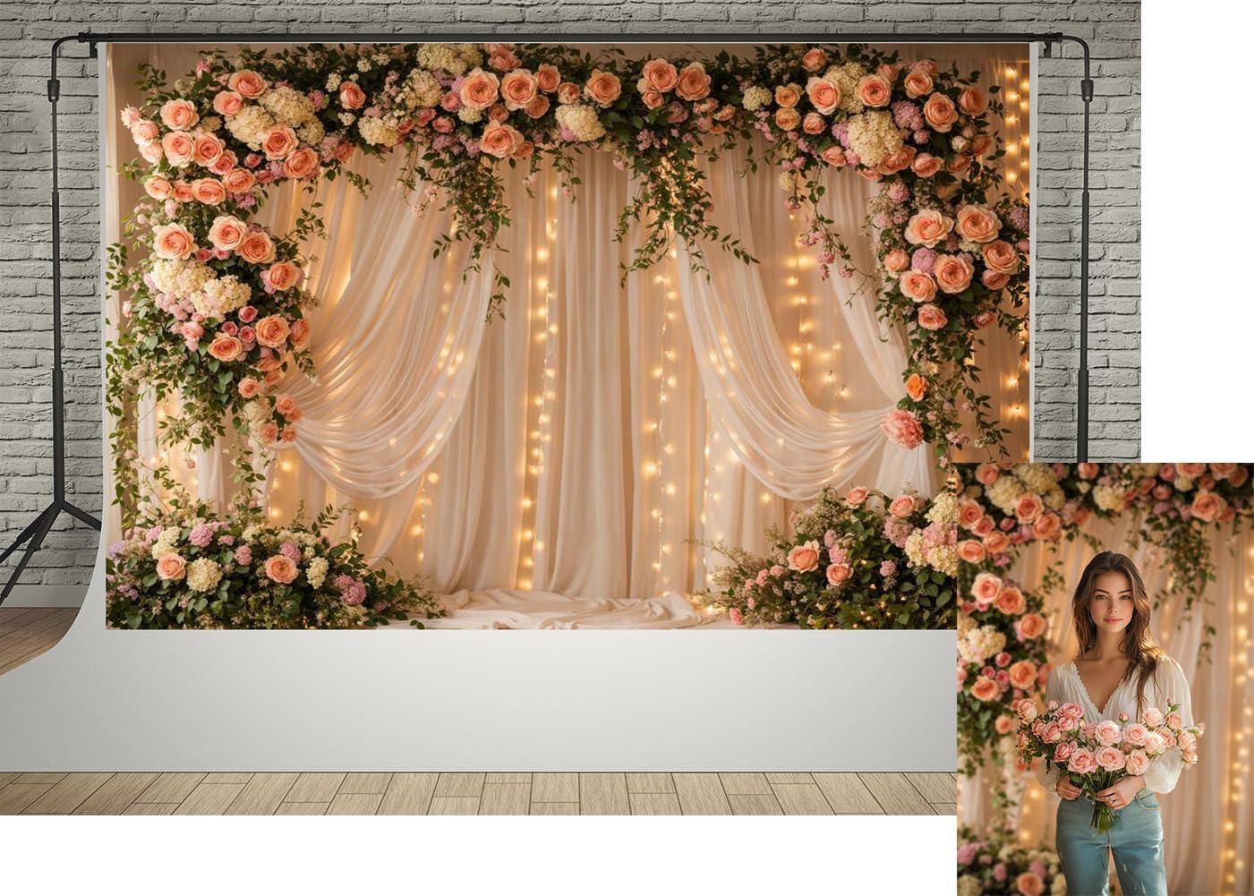 Kate 7x5ft Lighting Gauze Curtain Decoration Pink Rose Flowers Door Photography Backdrops Wedding Portrait Dessert Table Photo Background