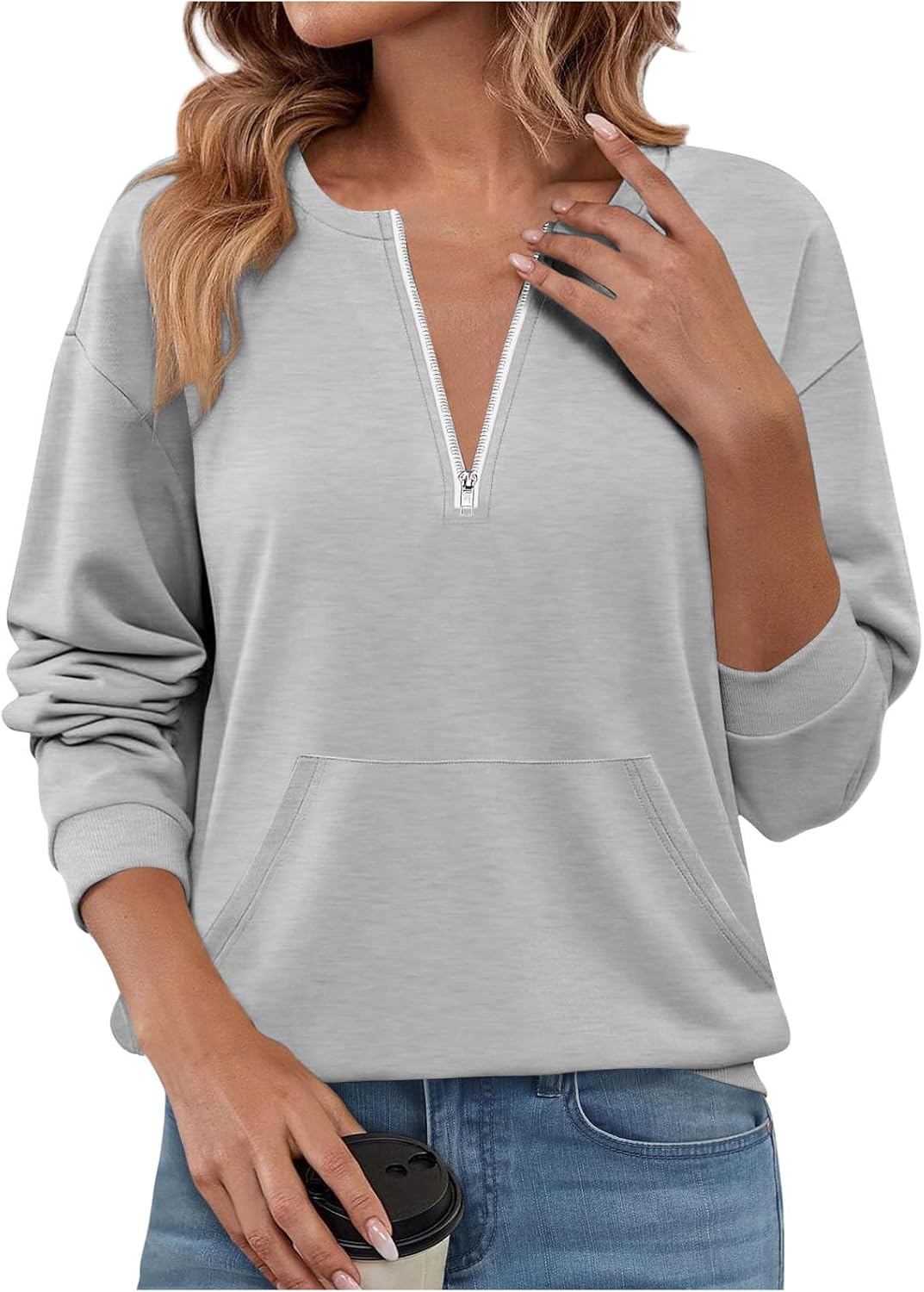 1/4 Zip Sweatshirt for Women Casual V Neck Long Sleeve Lightweight Solid Pullover Sweatshirts Tops with Pocket