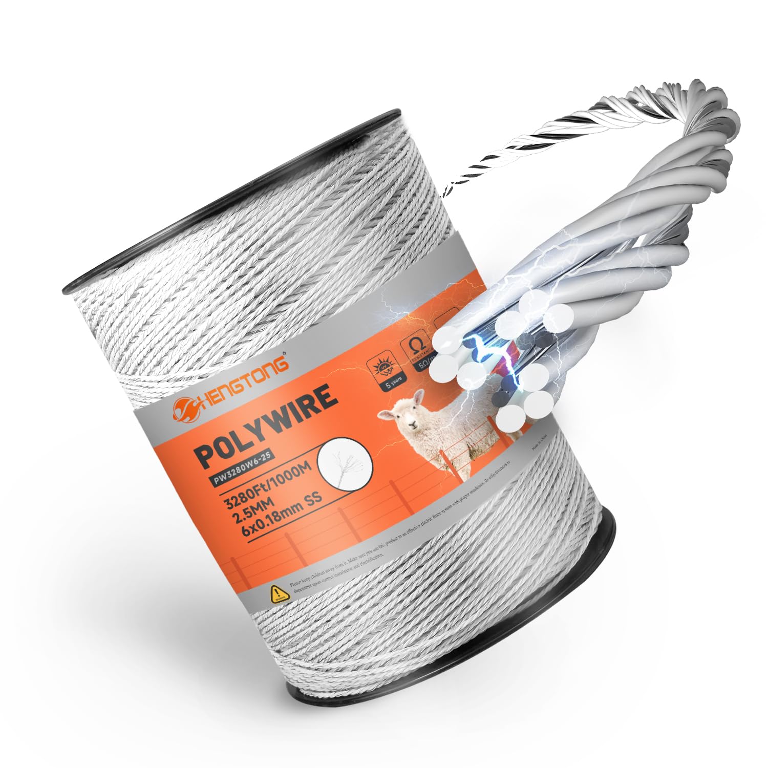 Electric Fence Polywire 6-strand stainless steel (3280 ft) white