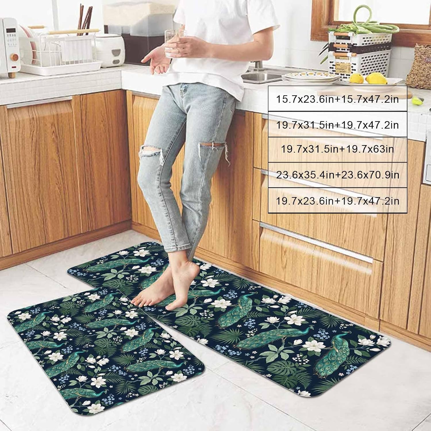 Prime Leader Green Peacock Kitchen Mat Set 2 Pieces Country Vintage Exotic White Blue Flowers Green Leaf Non Slip Kitchen Rugs Washable Runner Rug Mats for Sink Laundry (19.7" x 31.5"+19.7" x 47.2")