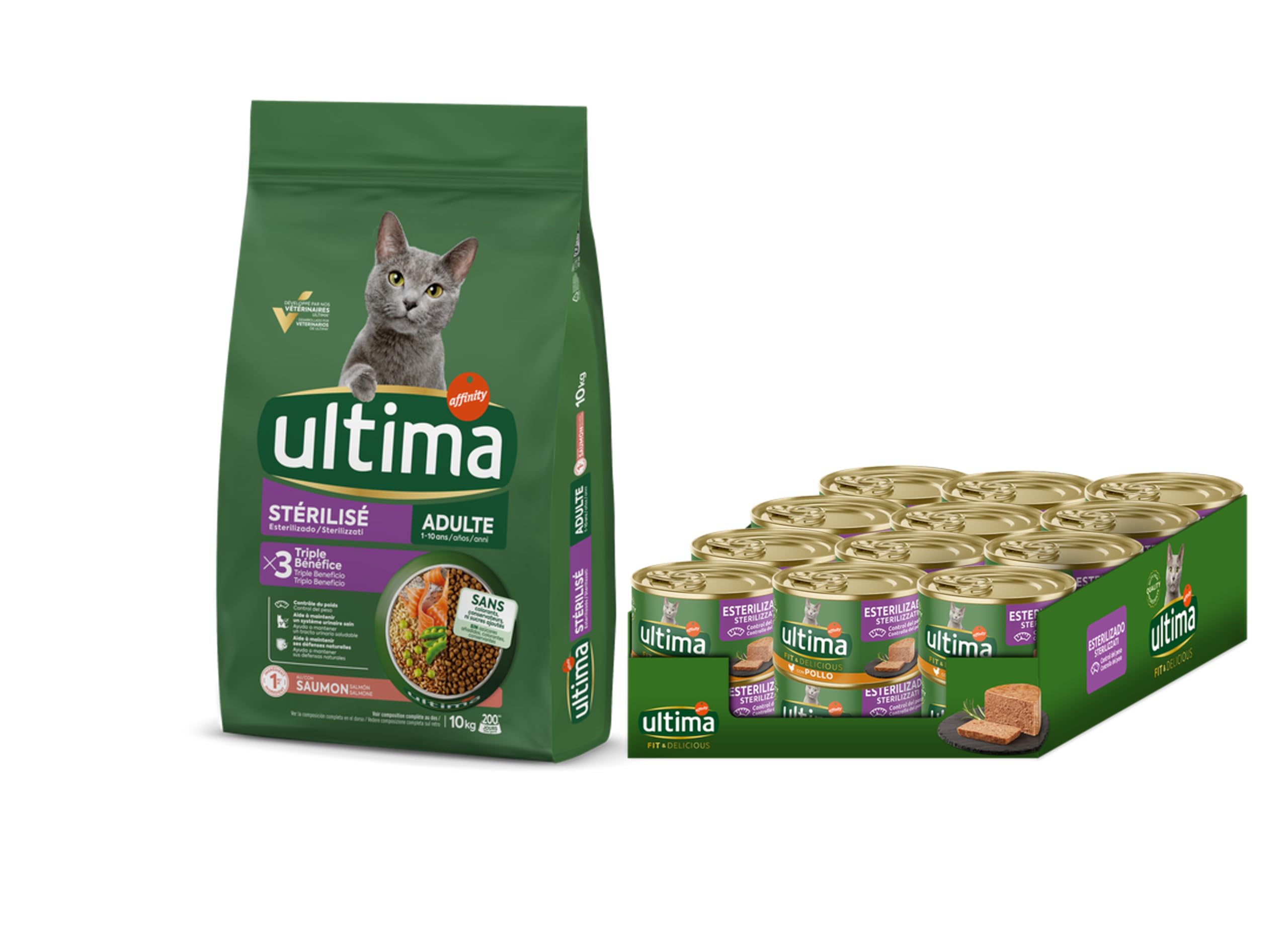 Ultima Esterilizado Adult Salmón - Comida Seca para Gatos - 10kg + Ultima Fit & Delicious Comida Húmeda para Gatos - Mousse con Pollo: 24 latas de 85g