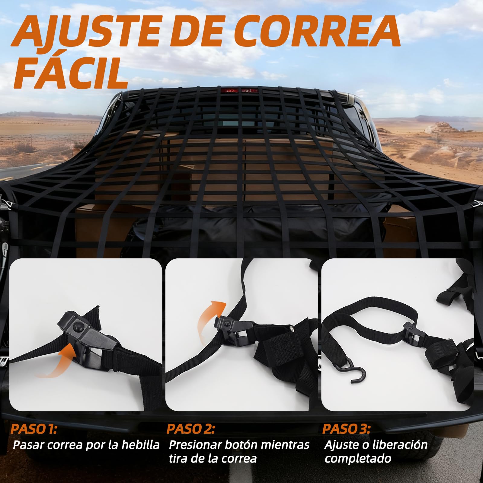 Red de seguridad para espacio de carga, 208 x 127 cm, red de equipaje ajustable para zona de carga y maletero, incluye 4 ganchos y correas ajustables de sujeción, compatible con paneles Van