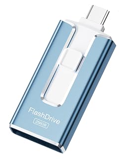 MFi Certified Flash Drive for iPhone 256GB, 3 in 1 Type-C USB Memory Stick Thumb Drive for Photos Videos, High Speed External Memory Storage Photo Stick for iPhone iPad Android PC (Sky Blue) - Amazon product rated Grade A