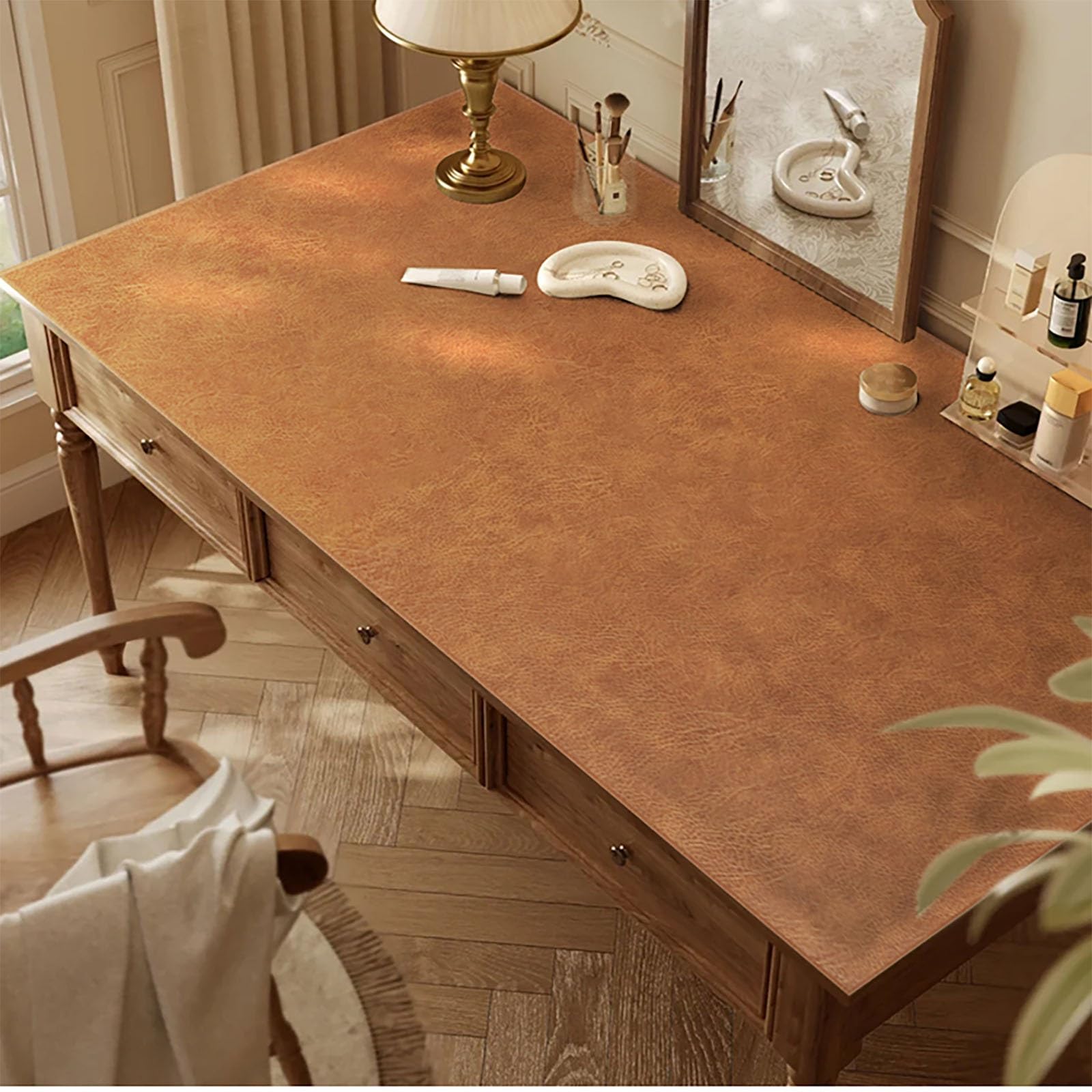 Camino de Mesa de Cuero Impermeable - 45 x 350 cm, Color marrón Claro, Resistente al Calor, Ideal para Mueble de TV, decoración de Fiestas, restaurantes, decoración de mesas para el hogar.