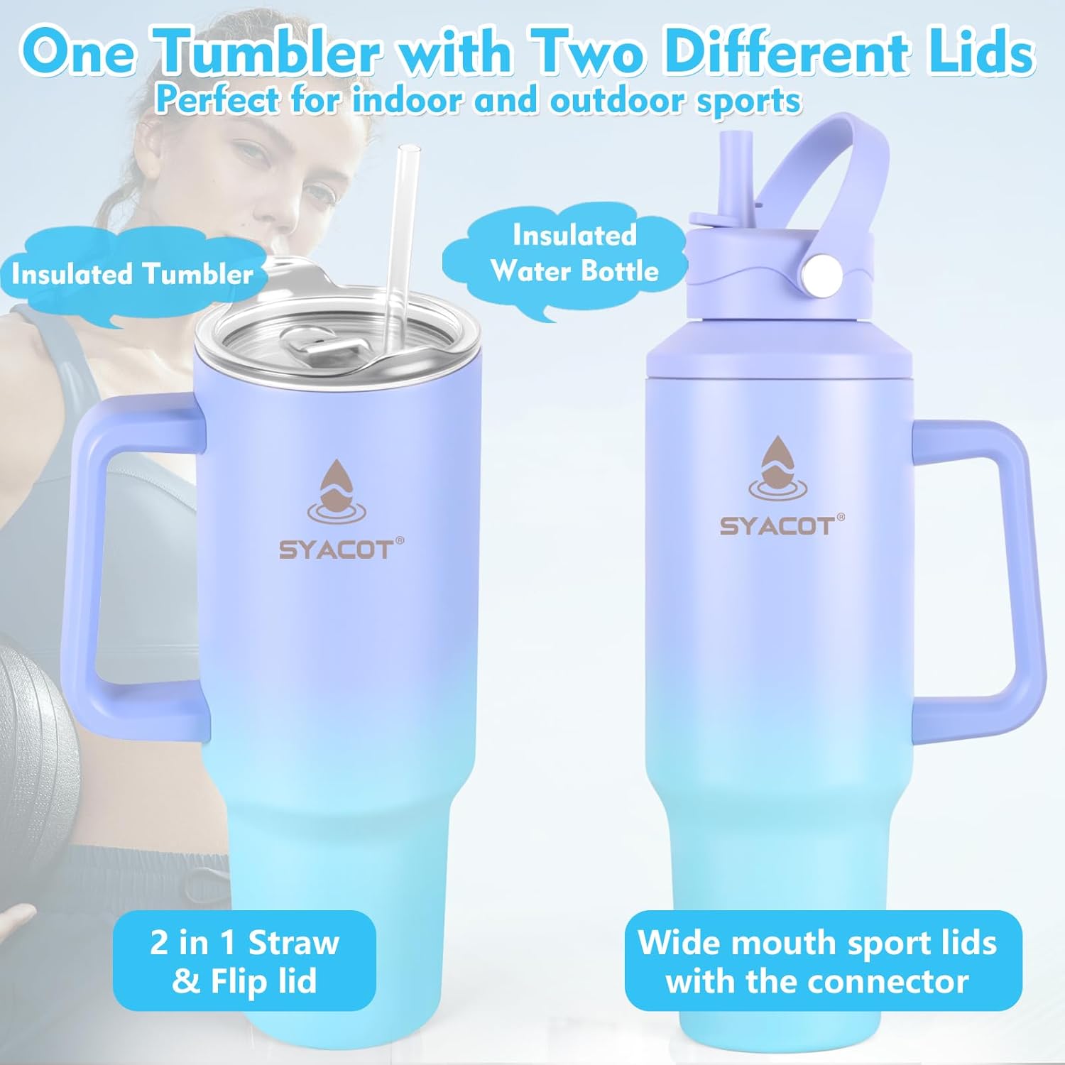 40 oz Tumbler with Handle and Straw or Convert to 40 oz Insulated Water Bottle Fits in Cup Holder. Stainless Steel Metal Water Flask with 2 Lids for Travel,Camping,Gym Sports Coffee Mug Thermal Cup - Image 2