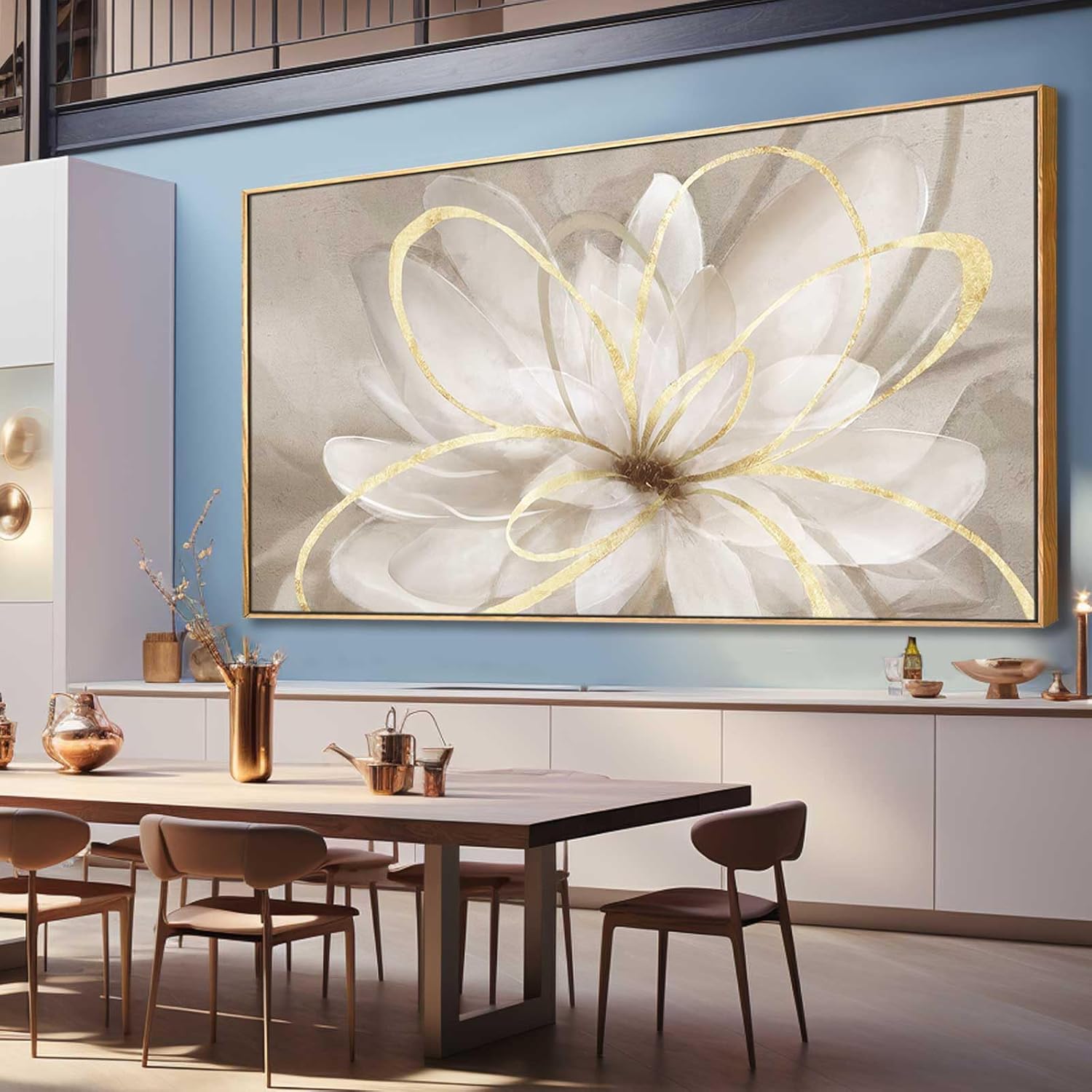 SOUGUAN Room Decor Large Canvas Wall Art Living Room Decor Gold Wall Decor Line Picture Artwork White Floral Wall Decor Modern Painting for Bathroom Bedroom Office 30x60 Inches