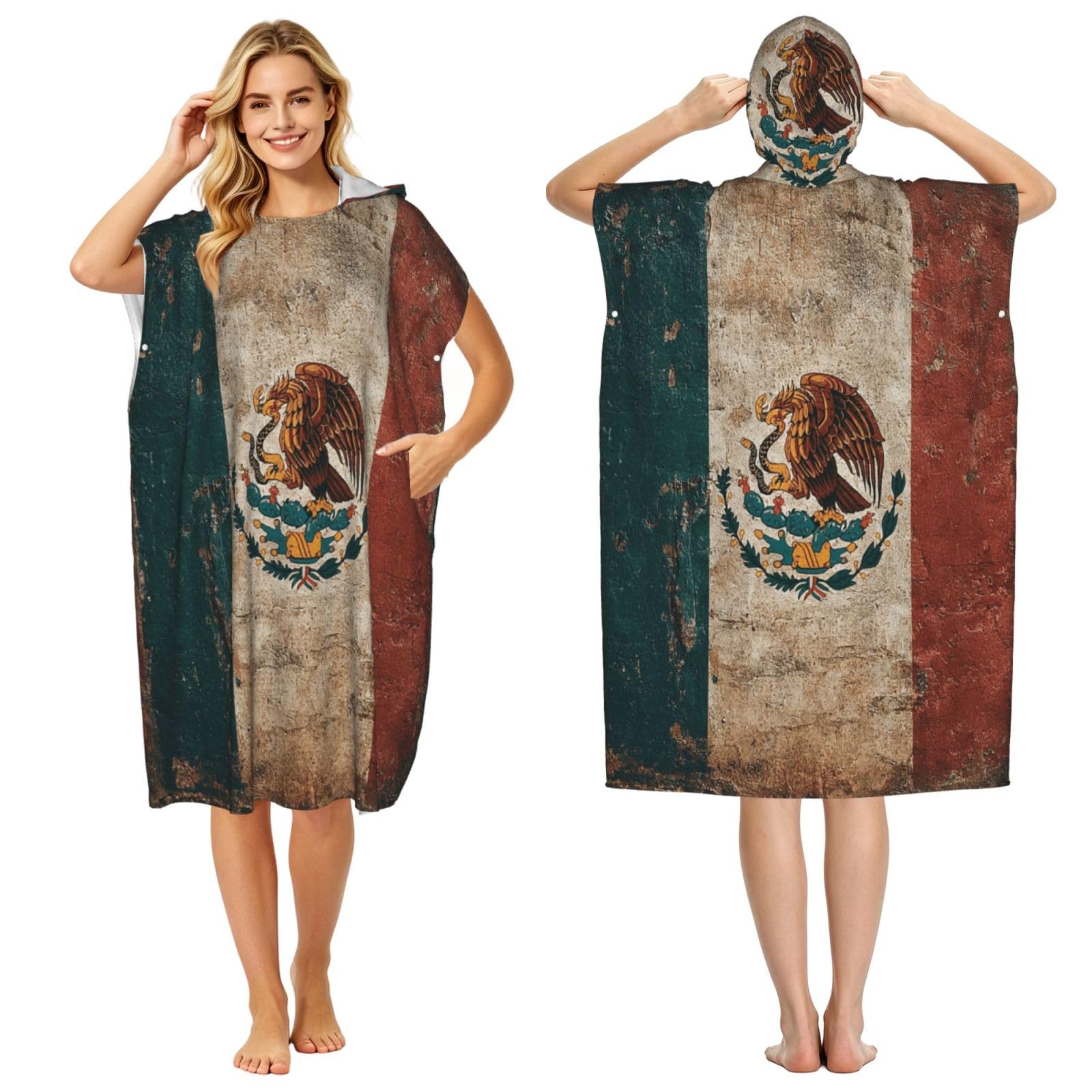 KLGRTJHK Mexican Flag Mural Adult Hooded Beach Poncho Towel 43"X35"