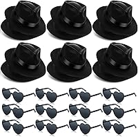 Sureio 12-Pack Black Gangster Hats with Heart Glasses - 1920s Costume Accessories for Adults, Bulk Party Favors Men Women