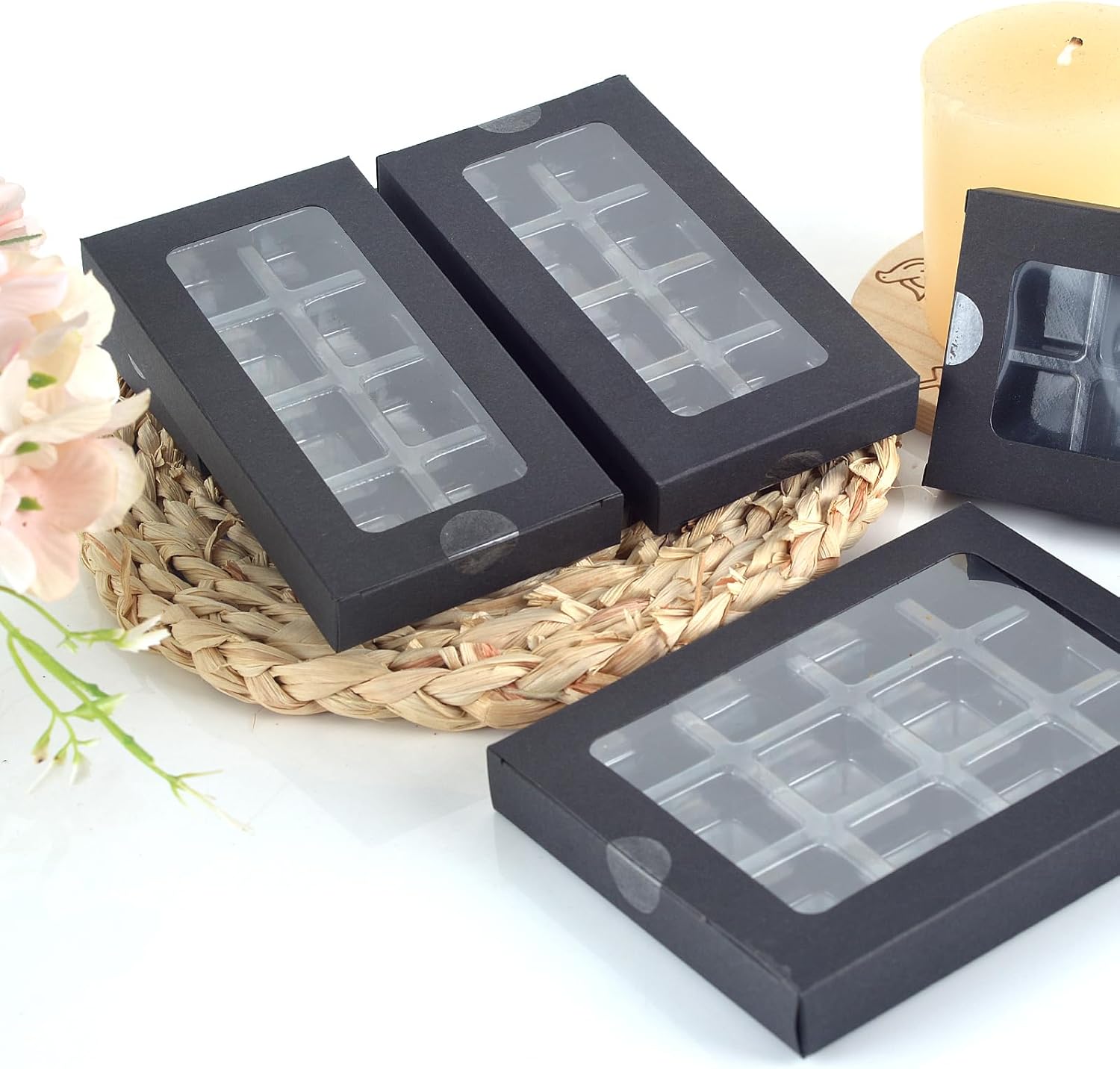SMAODSGN 100 Pcs Gift Boxes for Wax Melts Plastic Mold with Box Wax Melt Boxes Crystal Clear Wax Melt Molds Wax Melts Containers for Wax Cubes Wax Tarts Wax Block