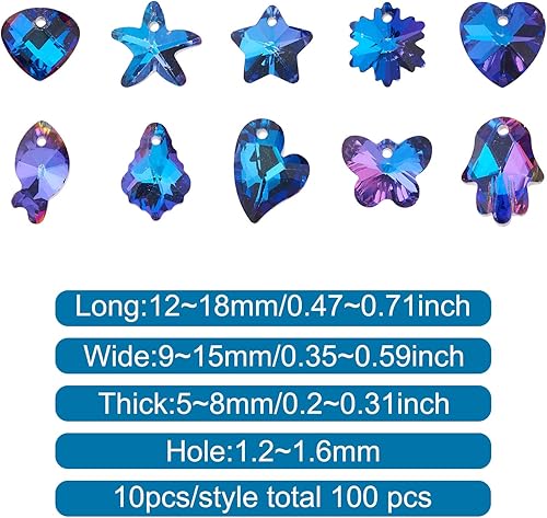 Miniatura 3 de Pandahall - 100 colgantes de diamantes de imitación de cristal, 10 estilos, triángulo, estrella, corazón, mariposa, copo de nieve, estrellas de mar,