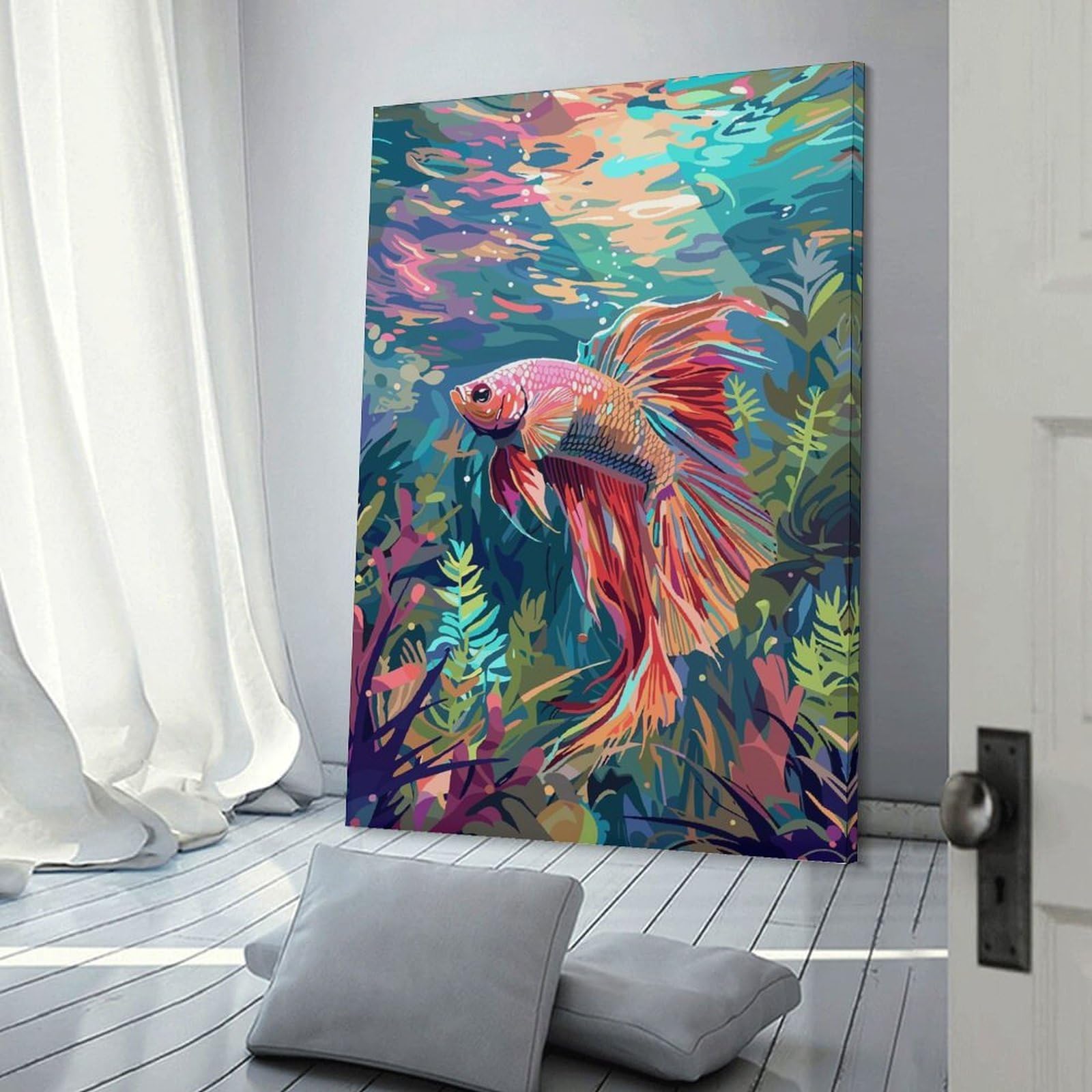 Junmoney Colorful Betta Fish Wall Picture Print 20x30inch(50x75cm), for Bedroom Decor, Cosy Corners Or Studios, Home Artwork with A Soft Interior Feel