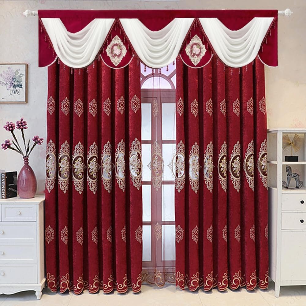 Gxi Jujube Red Velvet Waterfall Valances with White Chiffon Scallop for Living Room Kitchen Curtain Valance Thermal Insulation European Luxury Window Curtains Swag,Pack of 1 Width 82 inch
