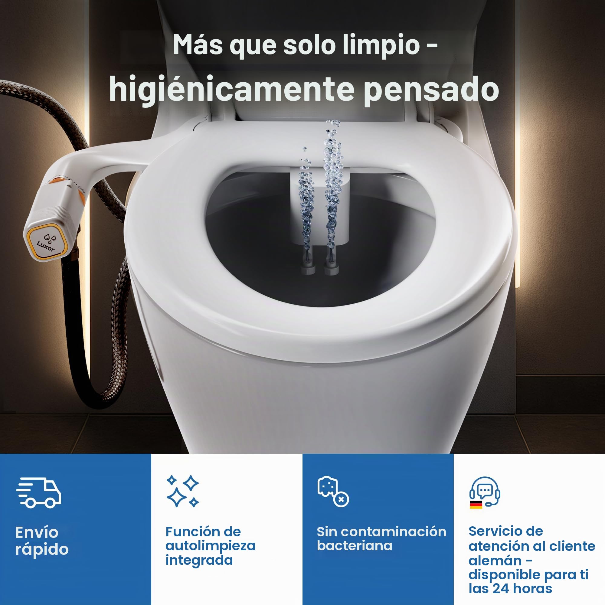 Luxor Accesorio de bidé para el inodoro – Accesorio de inodoro para adultos con doble boquilla [mujeres y hombres] | Presión de agua ajustable y fácil montaje | Limpieza higiénica gracias a la ducha
