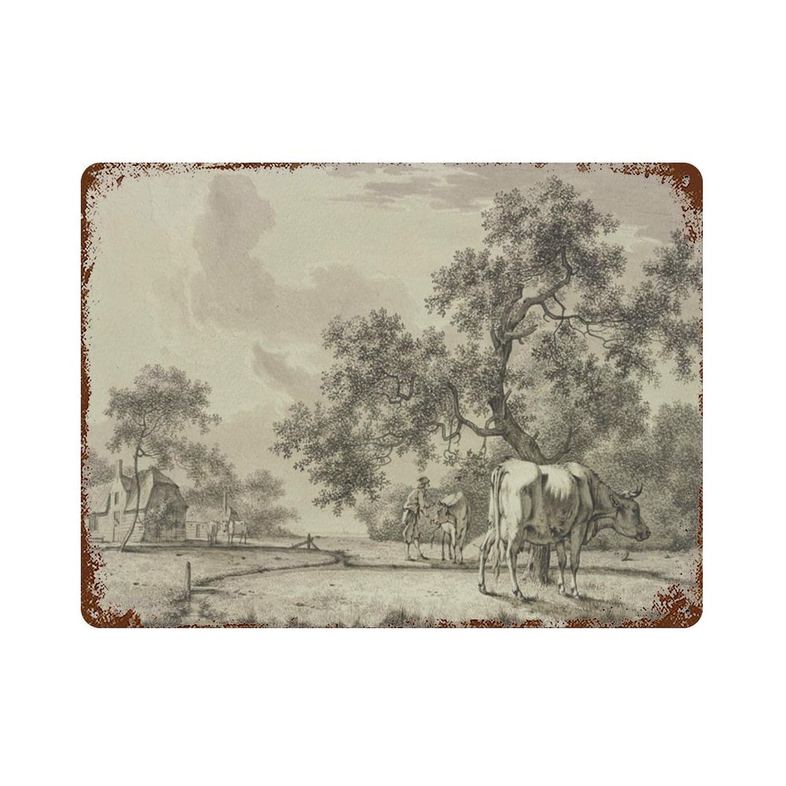 xiaoxiaoshen Neutral Vintage Landscape Pencil Drawing, Cow Sketch Wall Decor Art Metal Tin Poster Modern Home Decor Art Home Bar Shop Decorations Vintage Sign 30x40cm