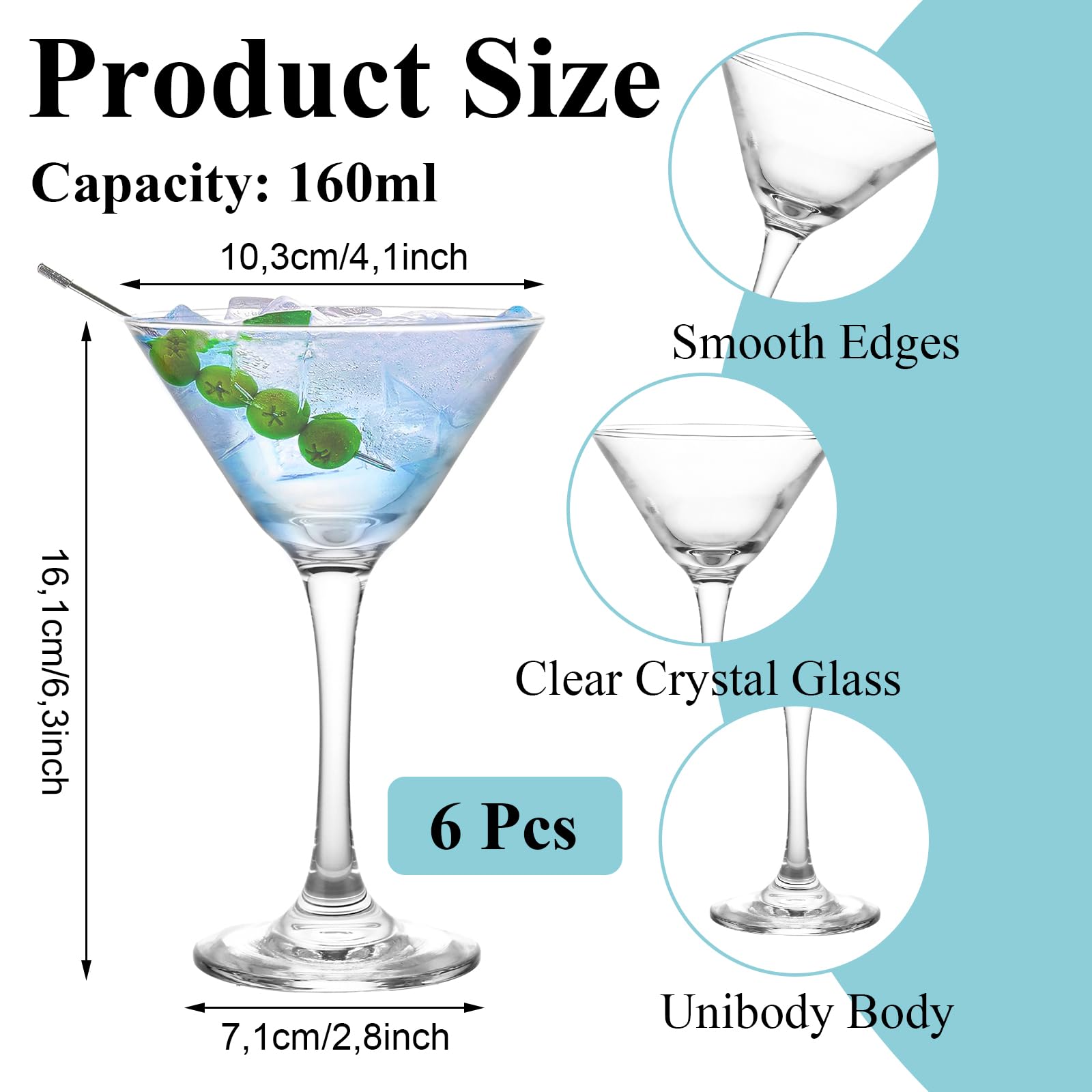 MIVIDE Lot de 6 Verre à Martini Cocktail 160 ml, Verres à Cocktail en Cristal, Verre à Martini pour Restaurants, Fêtes, Maison, Passe au Lave-Vaisselle