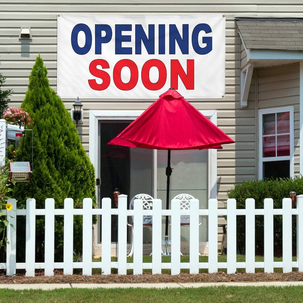 Vinyl Banner Multiple Sizes Opening Soon Blue Red B Business Outdoor Weatherproof Industrial Yard Signs 4 Grommets 24x36Inches