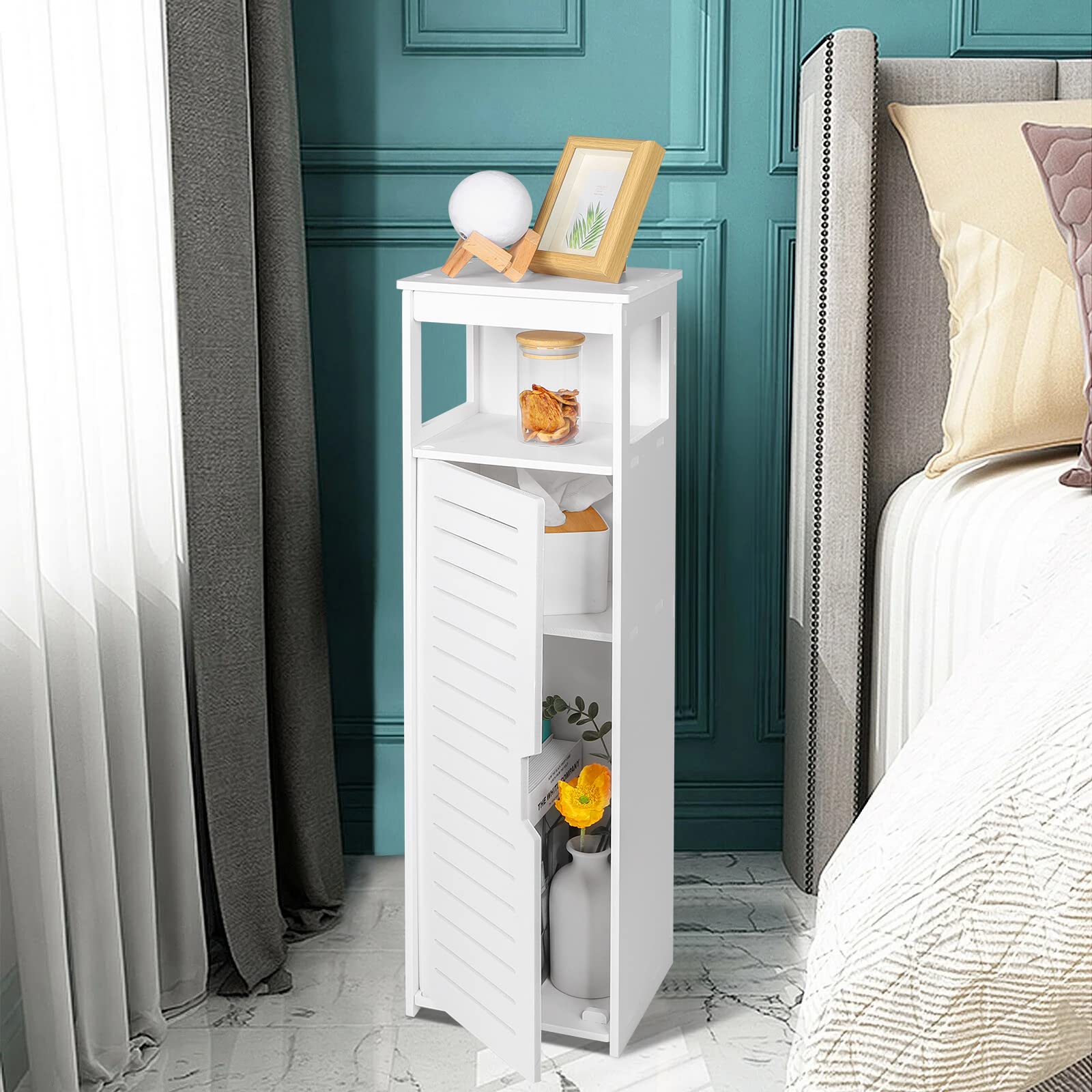 VOGGV Armadietto da bagno autoportante con 1 porta e ripiani per casa, cucina, soggiorno e corridoio, 22 x 20 x 75 cm, bianco