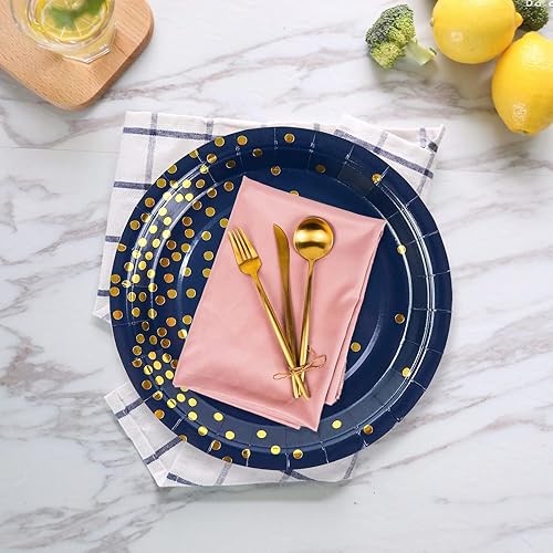 Miniatura 4 de Paquete de 50 platos de papel azul oscuro y dorado, de 7 pulgadas, con lunares metálicos, desechables, para fiesta de postre, platos para