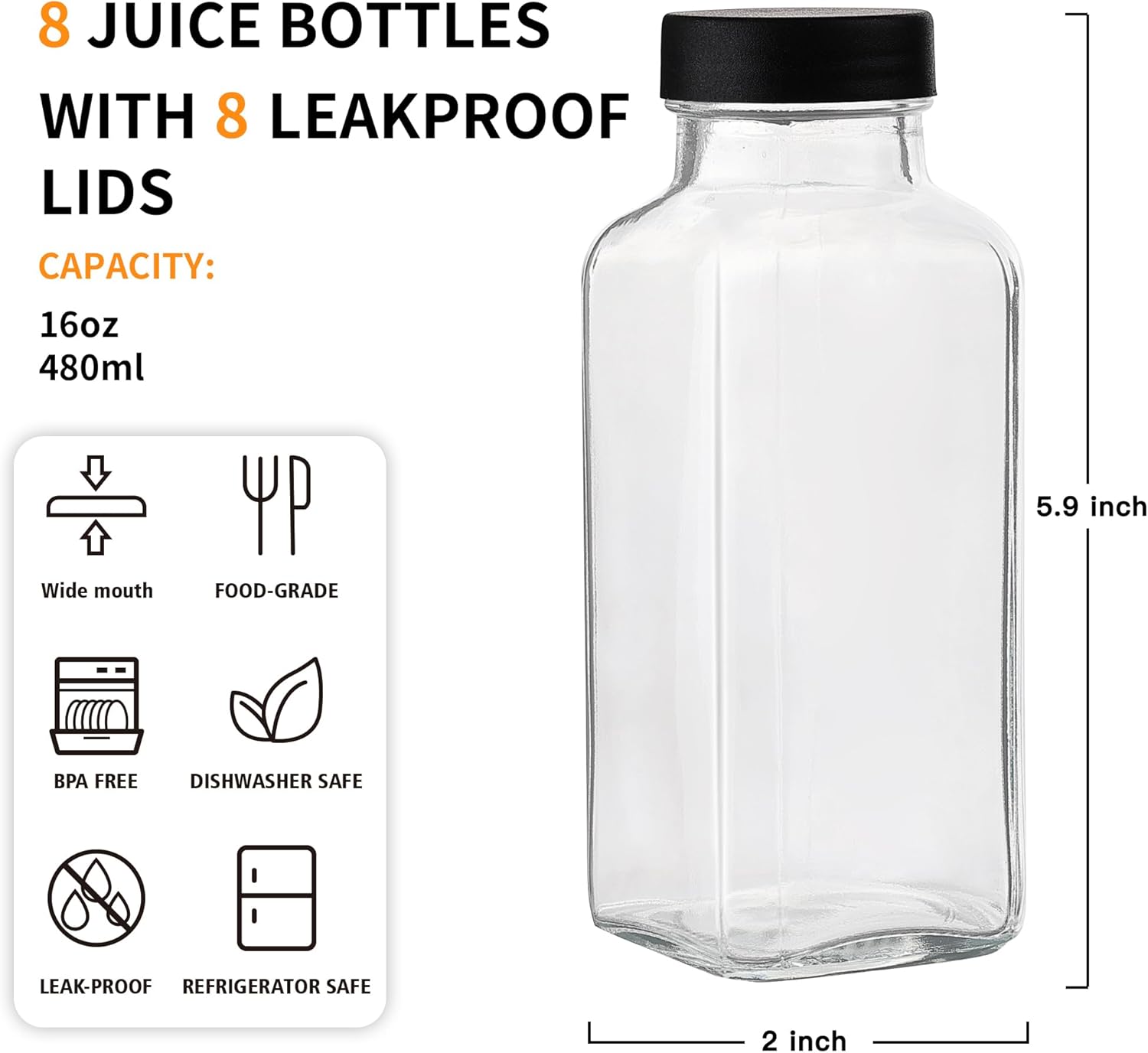 Glxgow 8 Pack 16 OZ Glass Juice Bottles with Airtight Lids & 4 Straws & 4 Lids w Hole, Reusbale Clear Glass Homemade Drinking Jars, Glass Bottles for Juicing, Smoothies, Water, Milk, Kombucha