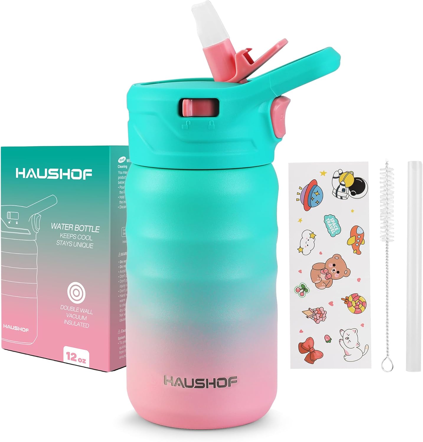 HAUSHOF Kids Water Bottle 2-Pack (12 oz) BPA-free with Straw and Stickers, Stainless Steel Vacuum Double Wall Insulated cup with Leak Proof for school, Gifts, Boys and Girls(Blue/Pink)