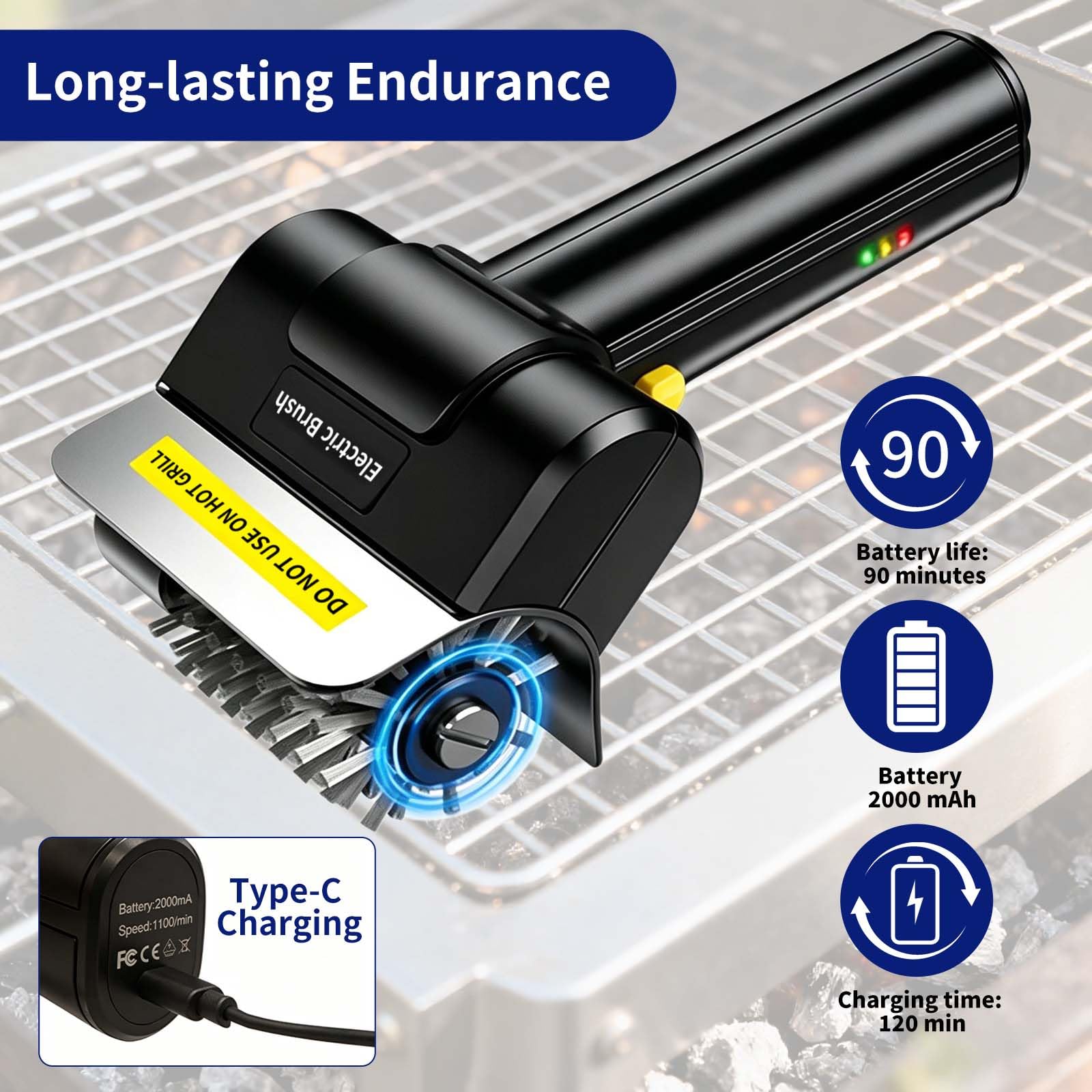 Brosse Barbecue Electrique, Rechargeable sans Fil, Brosse Barbecue Autonomie De 90 Minutes,Nettoyage Polyvalent De La Rouille Et des Salissures (pour Grilles, Treillis MéTalliques, Cuisine)