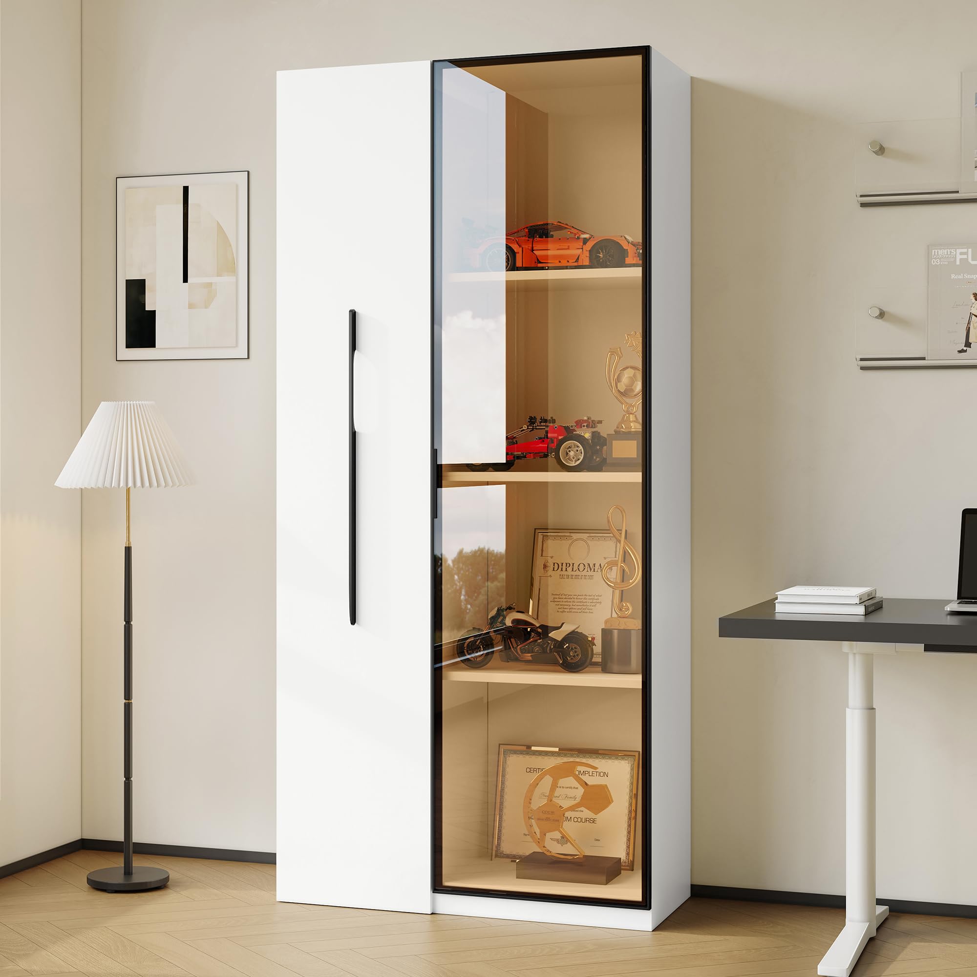 Libreria multifunzione vetrina 40 x 70 x 160 cm, con ante in vetro temperato, telaio in alluminio, 1 porta, 1 cassetto laterale, ruote, bianco