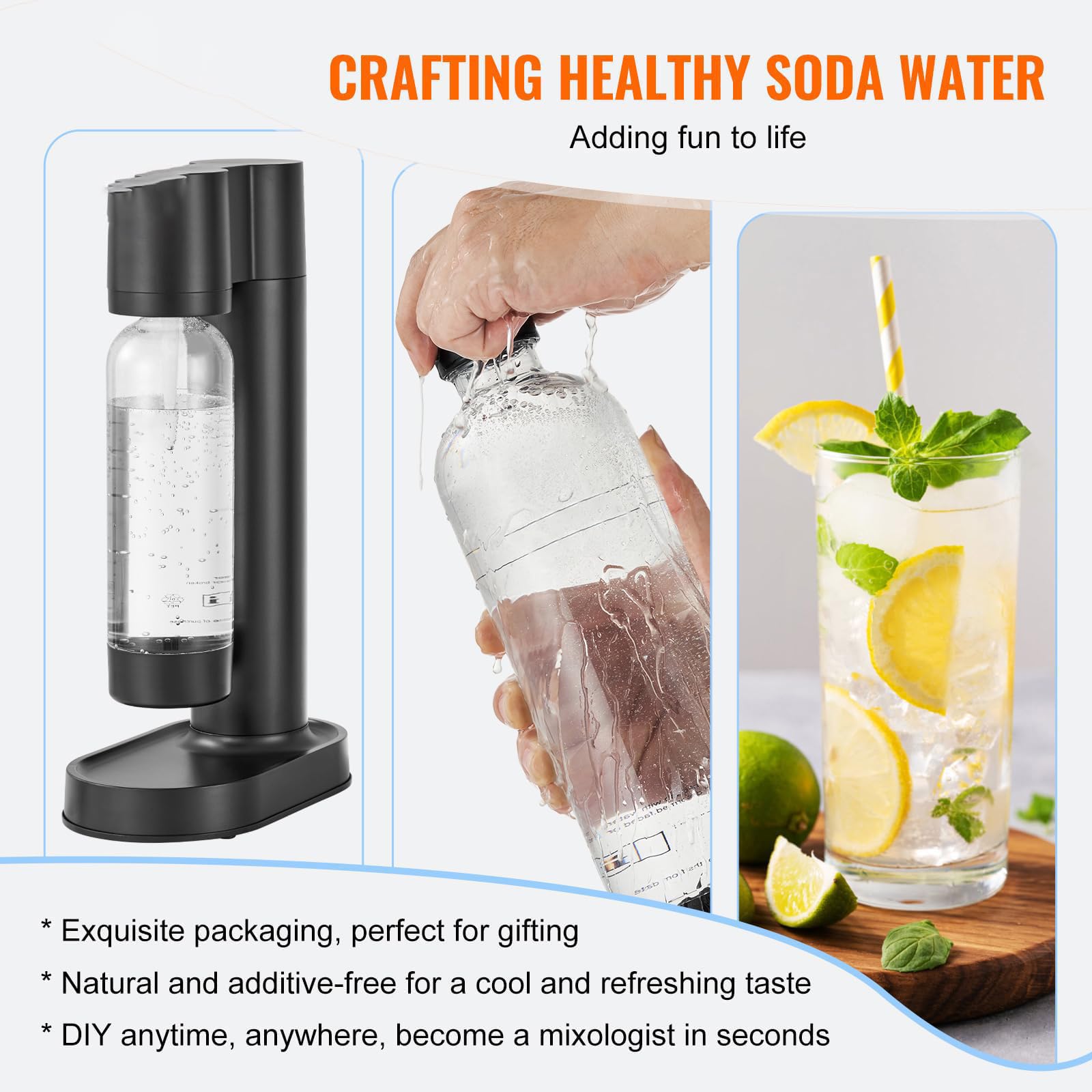 Machine À Eau Gazeuse, Machine À Soda avec Bouteille Réutilisable de 1 L, Fonctionnement Sans Effort, Respectueuse de L'environnement, Aucune Électricité Requise, Machine À Seltzer (non incluse black