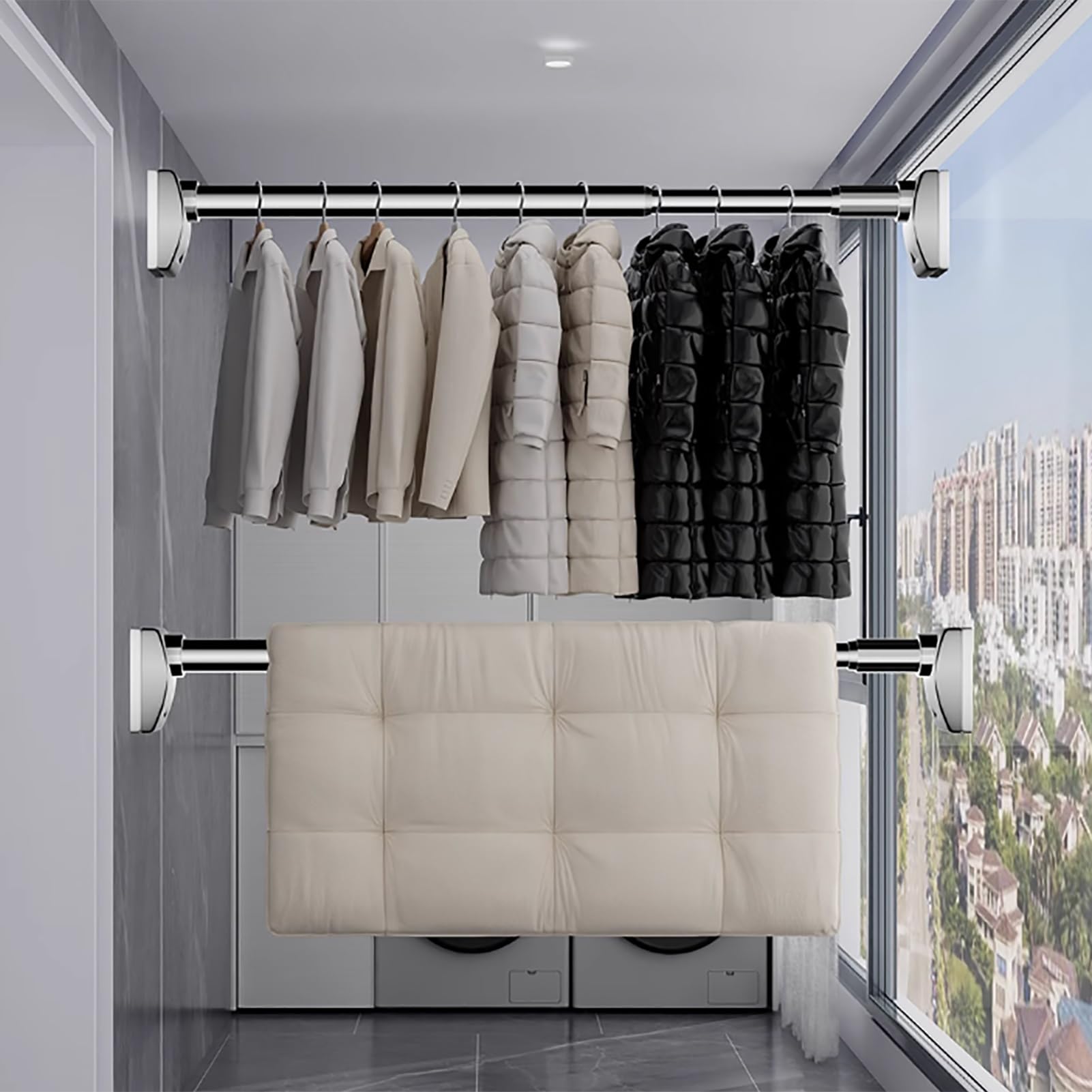 Barra de armario ajustable sin taladro, soportes de soporte extensibles para colgar la ropa con soporte de cortina resistente para armario o tubo de cortina de ducha (negro, 50 x 80 cm)