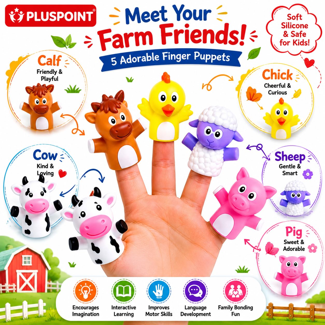 PLUSPOINT Farm Animal Finger Puppets Set of 5 for Kids β Soft Rubber Finger Puppet Toys for Storytelling, Pretend Play, Educational Learning, Party Favors, Goodie Bag Fillers & Birthday Gifts