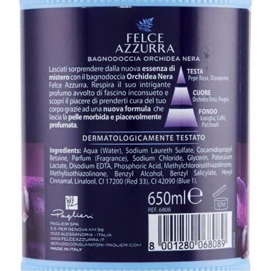 12er-Pack Paglieri Felce Azzurra Bagnodoccia Orchidea Nera,Schwarze Orchideen-Körperwäsche,Duschgel 650ml + Beni Culinari Kostenloser Schlüsselanhänger