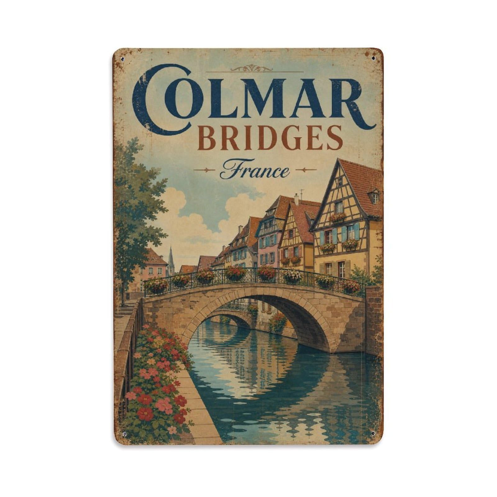 Gead 8X12inch Style Vintage Travel Colmar France Bridges Metal Tin Sign