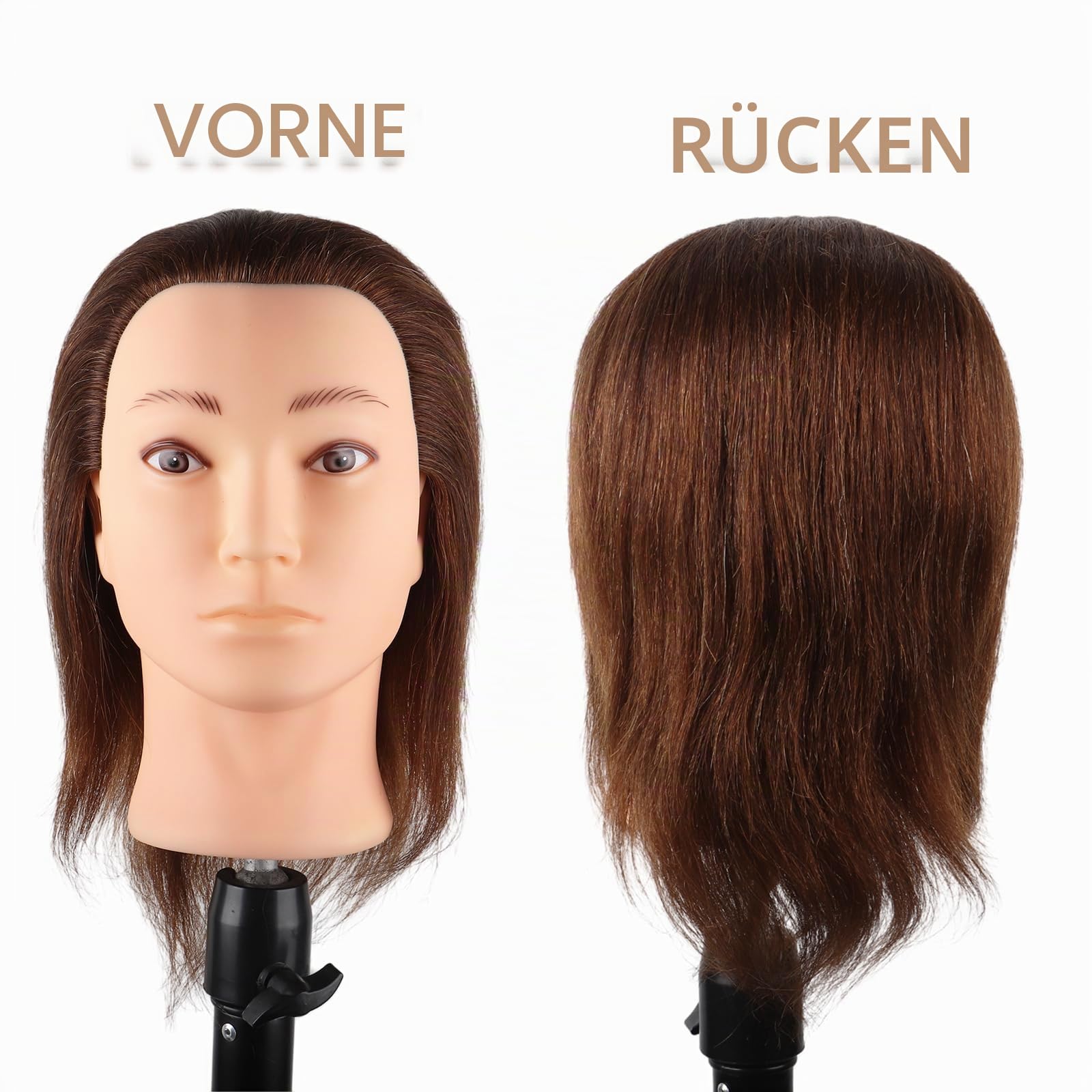 Mann Frisierkopf 100% Echthaar, Frisurenkopf Männlicher Haarschnitt Übungskopf mit Braun Haar, Friseur Kopf Mannequin Head Puppenkopf mit Tischklemme (35 cm)