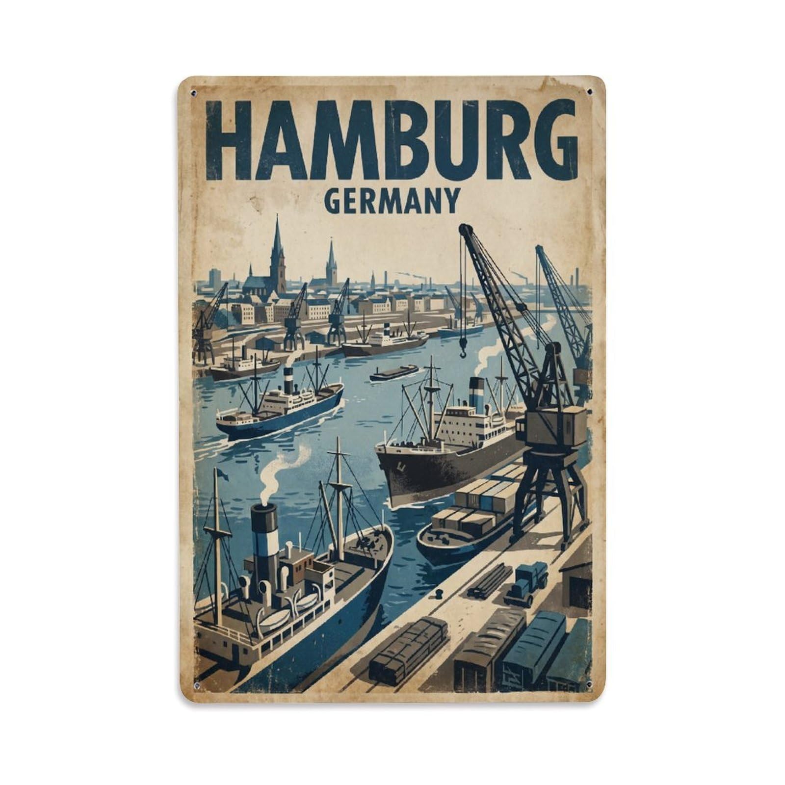 Germany Hamburg Vintage Travel Metal Tin Sign