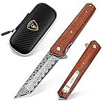 AUBEY Damascus Pocket Knife for Men, Sharp Tanto Blade with VG10 Core Folding Knives with Wooden Handle and Glass Breaker for EDC Camping Gift Collection