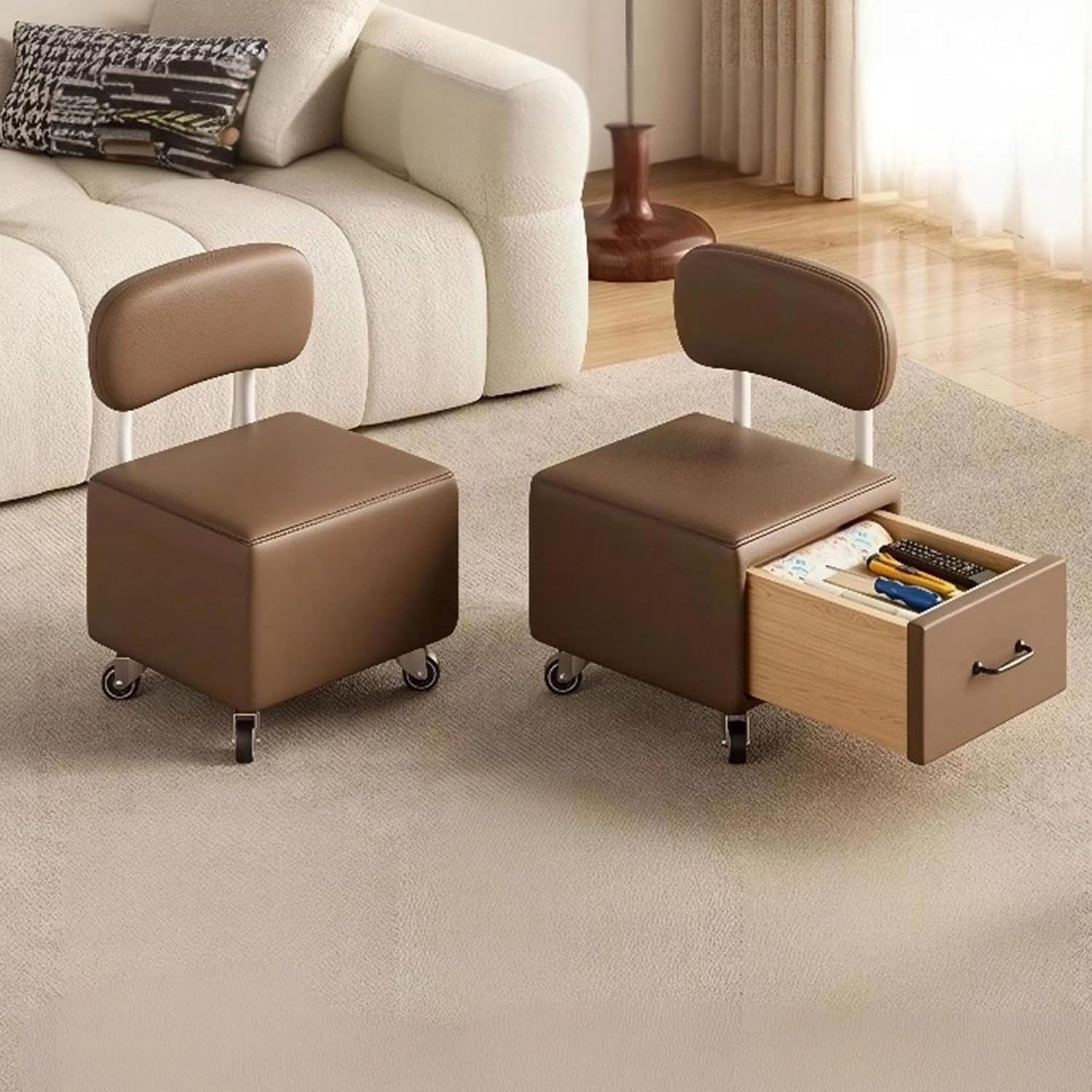 Brown,Rolling Stool with Backrest Low Height Rolling Stool with PU Leather, Roller Stool Chair, Roller Chair Heavy Duty Rolling Stools with Wheels for Home, Office, Garage, Shop, Library