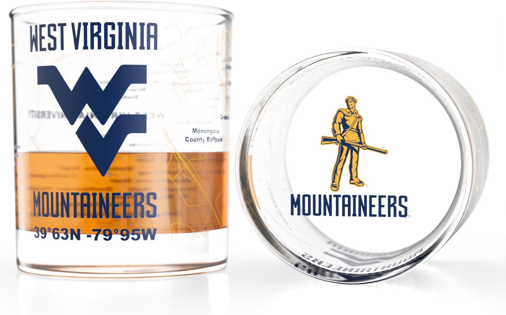 Greenline Goods West Virginia University Mountaineers Whiskey Glasses Set of 2, 10 oz Rocks Glasses with Full-Color Logo & Campus Map – Officially Licensed Bourbon Glass Gift for Alumni & Fans