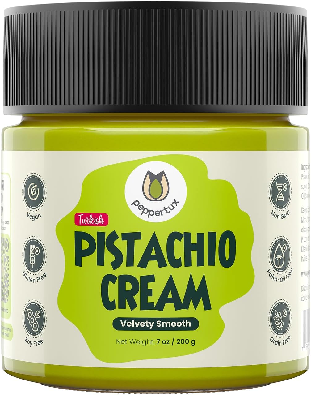 Peppertux Pistachio Cream - Natural Vegan Spread 40% Pistachio Paste for Baking, Cake, Ice Cream, Cookie & Desserts - High Protein Turkish Pistachios Flavoring - Gluten-Free, Unrefined Sugar (7oz)
