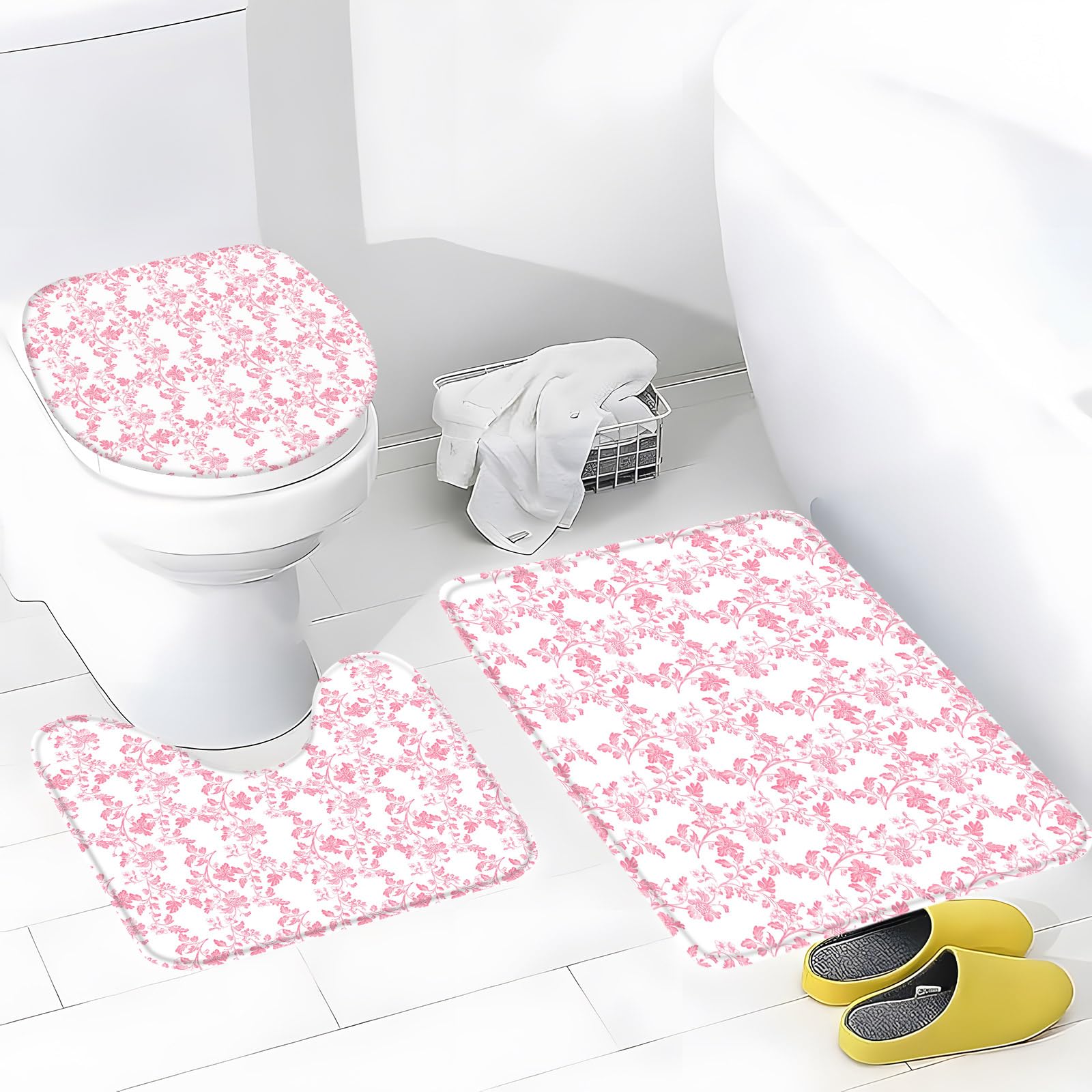 HUSPWP 3PCS Vintage Pink Floral Bath Mat Set,Botanical Wildflower Plant Leaves Rustic Modern Farmhosue Boho Floral Retro Toilet Soft Bath Rug Doormat,