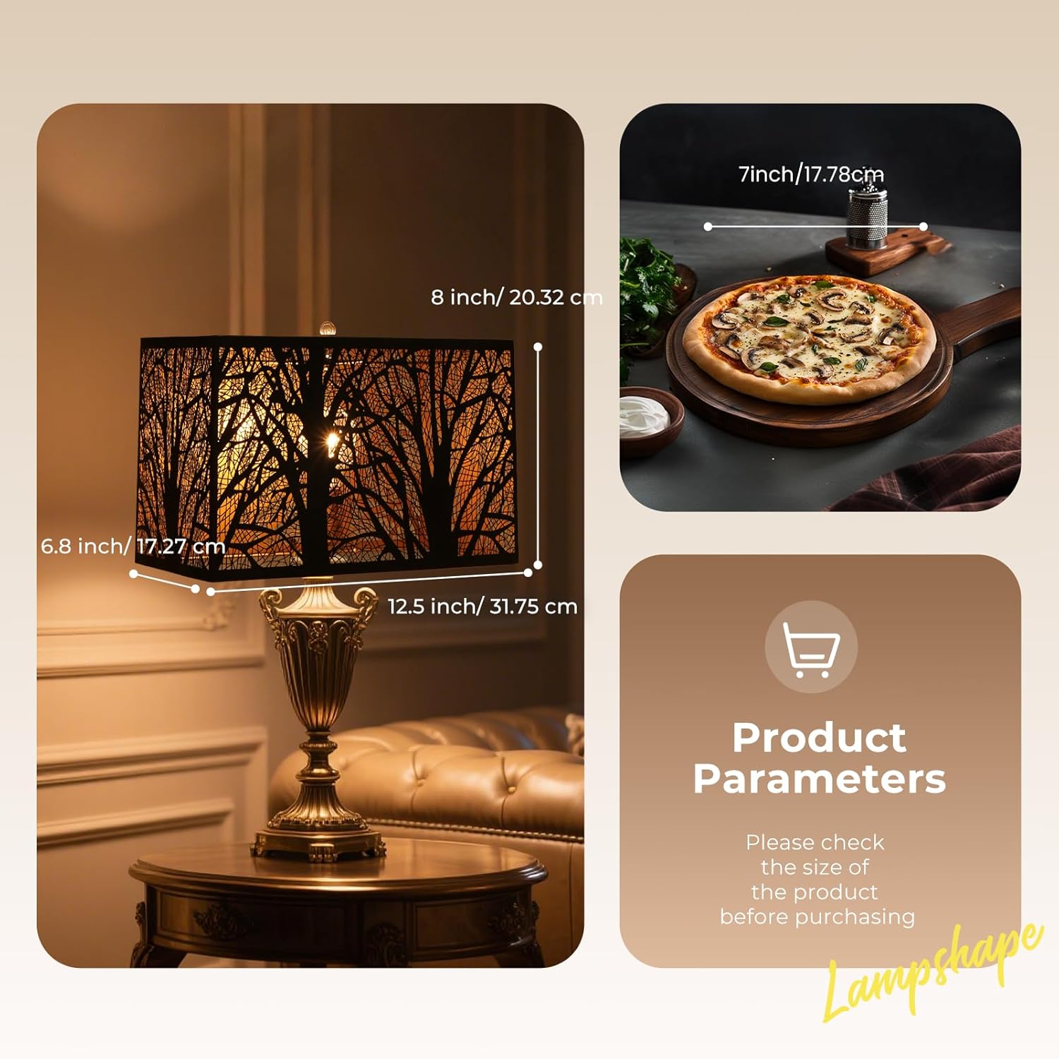 Large decorative spiderman Lamp Shade, Metal rectangular lamp shade,unique lamp shade,boho lamp shades for floor lamps,Etched Forest Tree Design, 6.8 x 12.5 x 8 inches, Black with Gold Interior