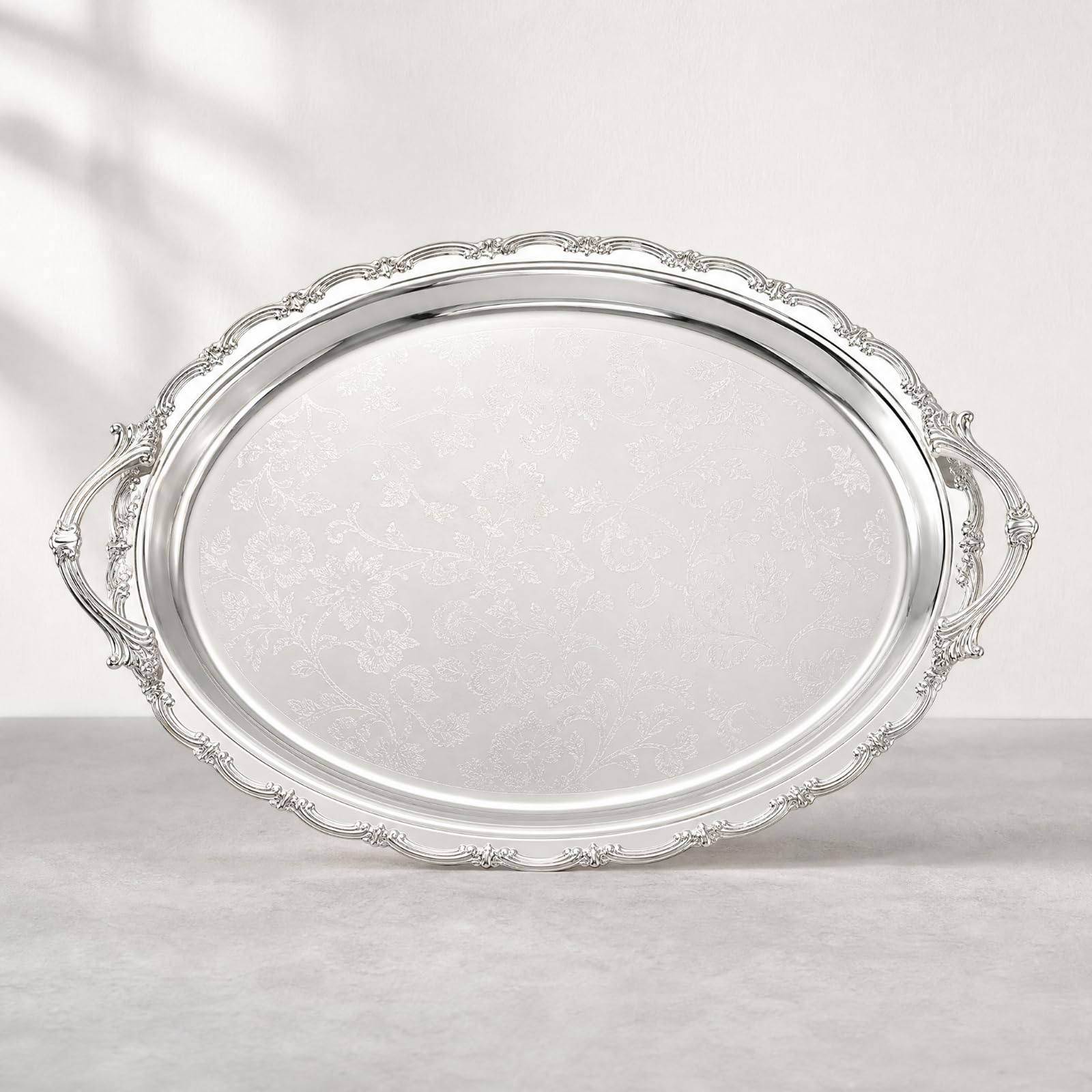 3 Pezzi Vassoio con Bordo Decorativo e Motivo Floreale in Rilievo Ornato Vassoio Ovale in Acciaio Inox Resistente per Presentazione di Dolci, Medio