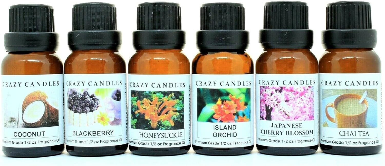 Crazy Candles 6 Bottles Set Coconut, BlackBerry, Honeysuckle, Island Orchid, Japanese Cherry Blossom, Chai Tea 1/2 Fl Oz Each (15ml) Premium Grade Scented Fragrance Oils