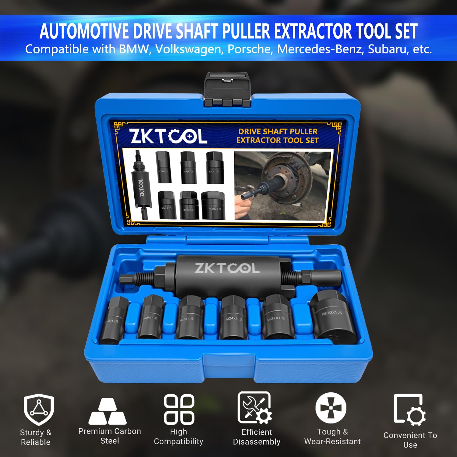 ZKTOOL 7-teiliges Werkzeug zum Entfernen der Antriebswelle, Kompatibel mit BMW, VW und den Meisten Anderen Modellen, mit 6 Adaptern M16, M20, M22, M24, M27, M30