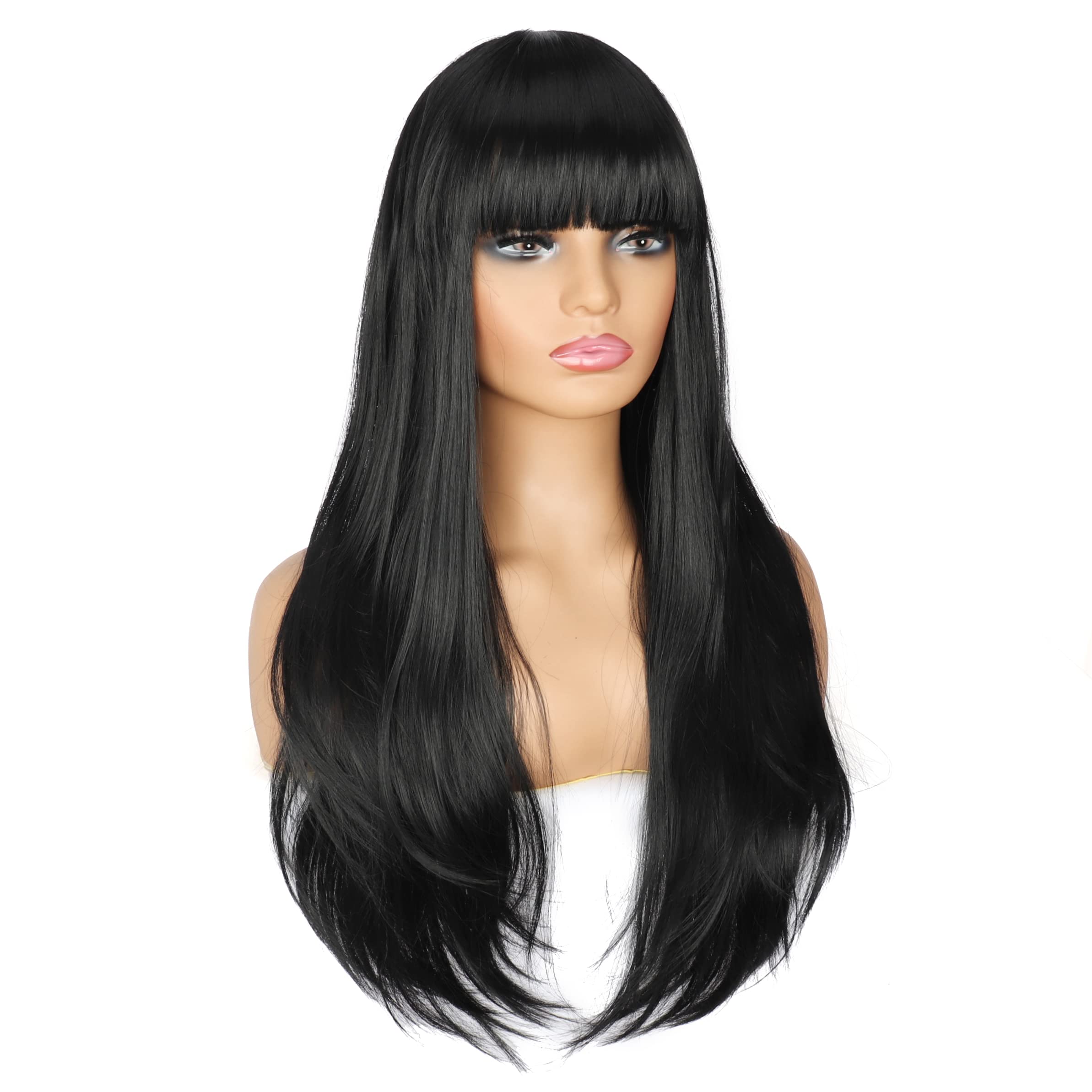 PORSMEER White Wigs for Women with Bangs Long Straight Natural Layered Wigs Synthetic Heat Resistant Hair for Girls Daily Party Use (White)