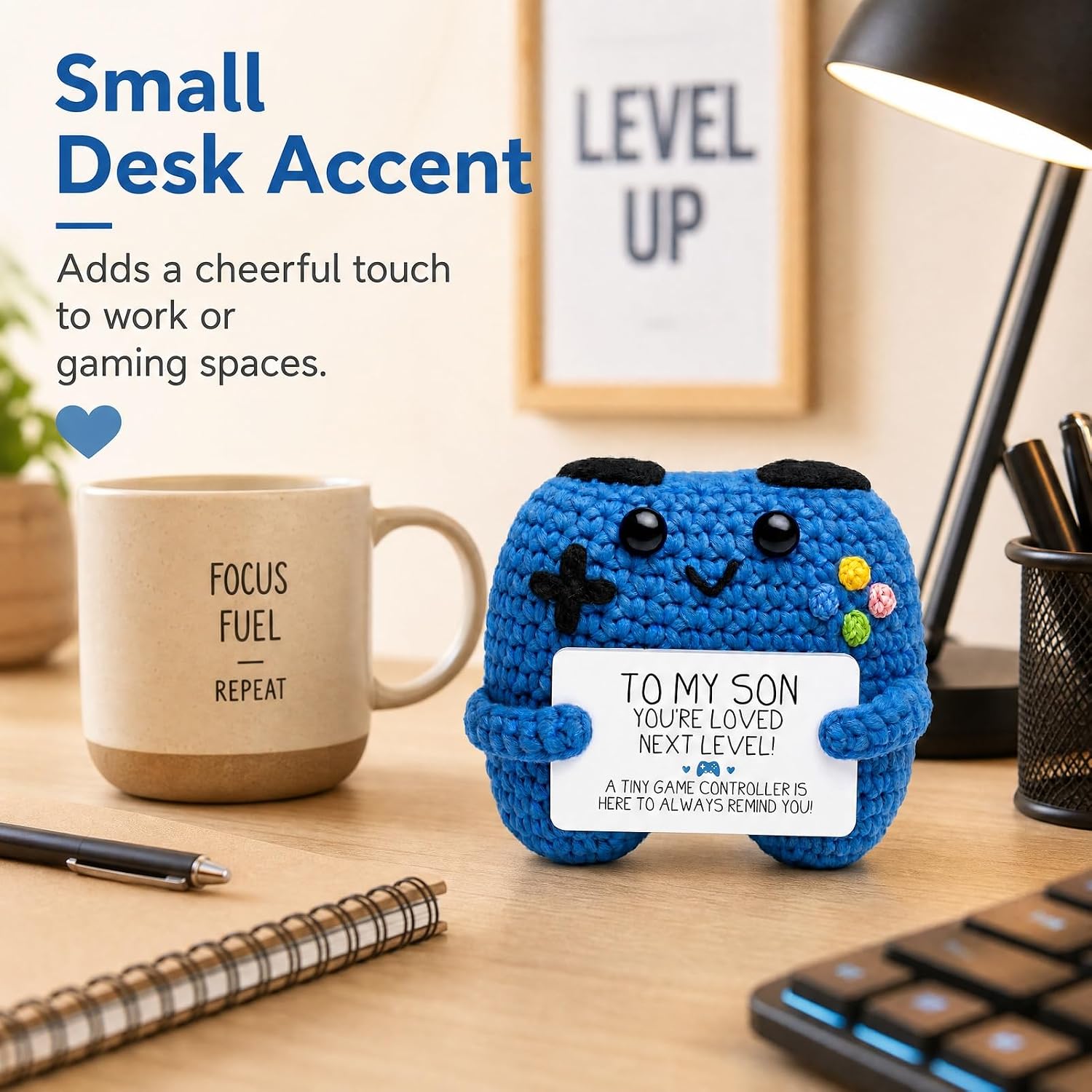 BOBPPOP Handmade Crochet Game Controller Plush with to My Son You are Loved Next Level Card, Mini Amigurumi Gaming Desk Decor & Emotional Support Gift for Son, Stocking Stuffer(Blue