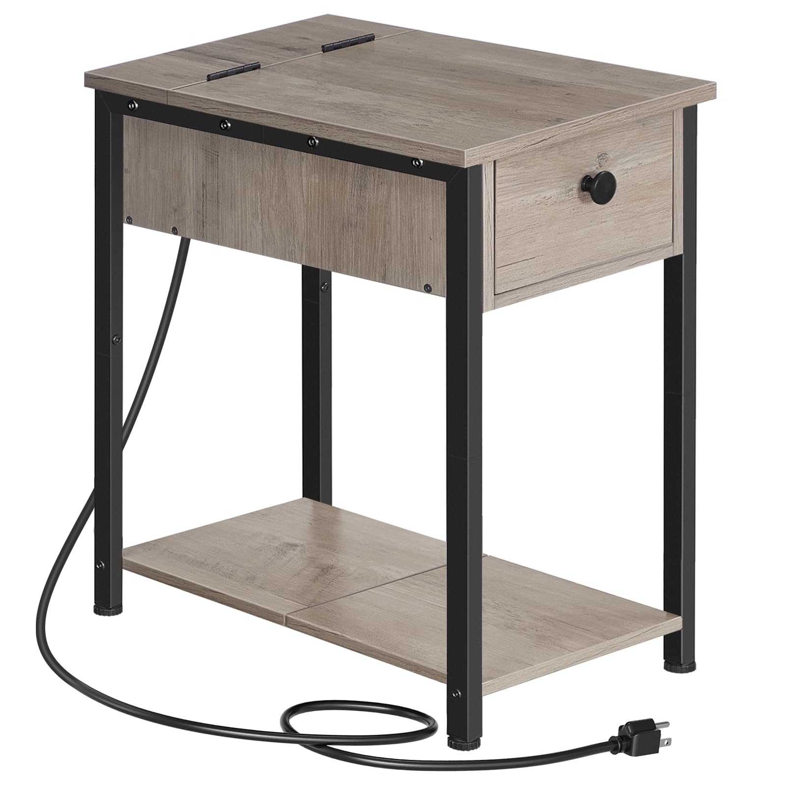 HOOBRO End Table with Charging Station, Narrow Side Table, Small Nightstand, Bedside Tables with Drawer and Storage Shelves, for Small Spaces, Living
