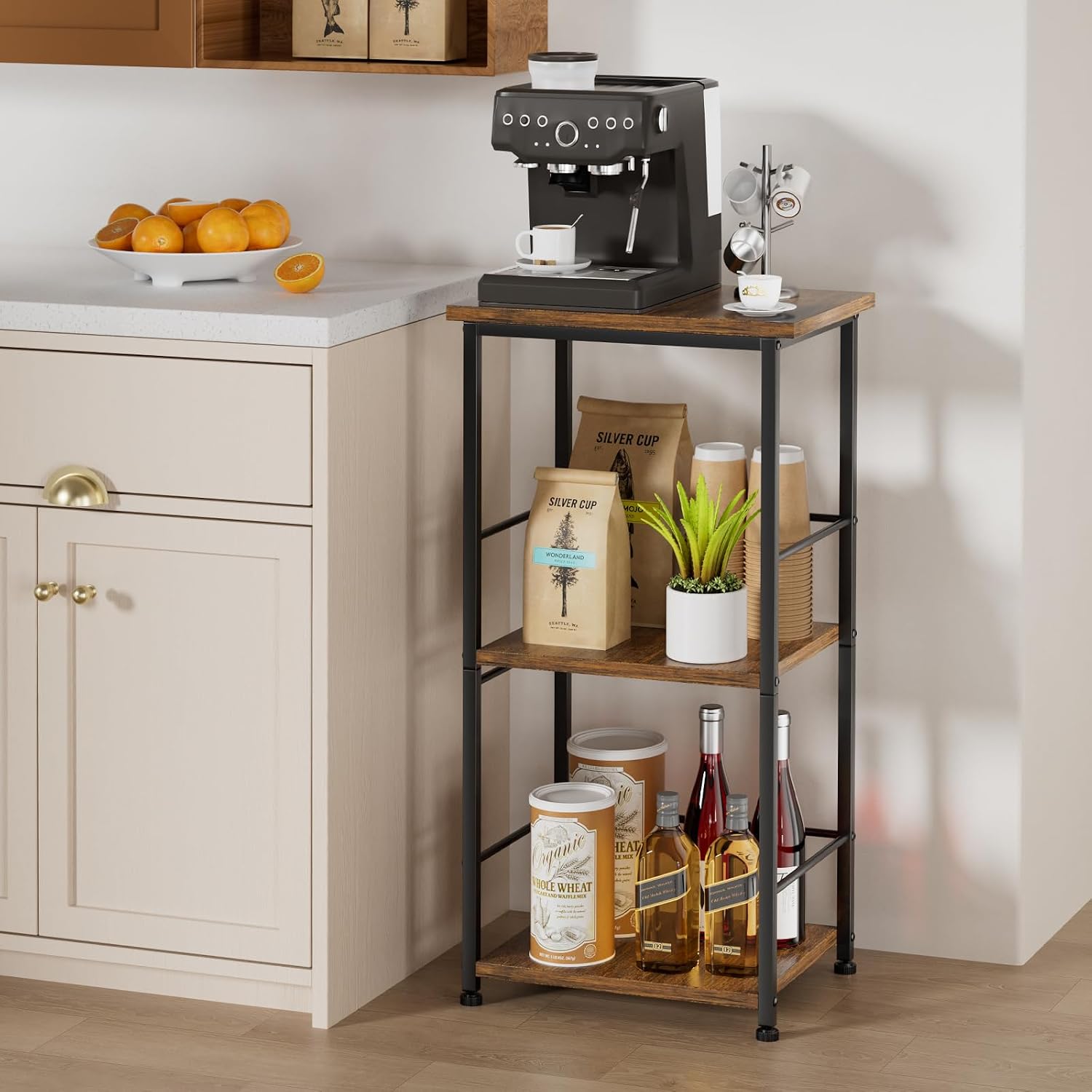 SWTYMIKI Coffee Bar Cabinet for Home - 3-Tier Sturdy Farmhouse Coffee Stand Station Multi-Purpose Buffet Sideboard - Kitchen Bar Table for Living Room, Corner, Small Space, Espresso image 2